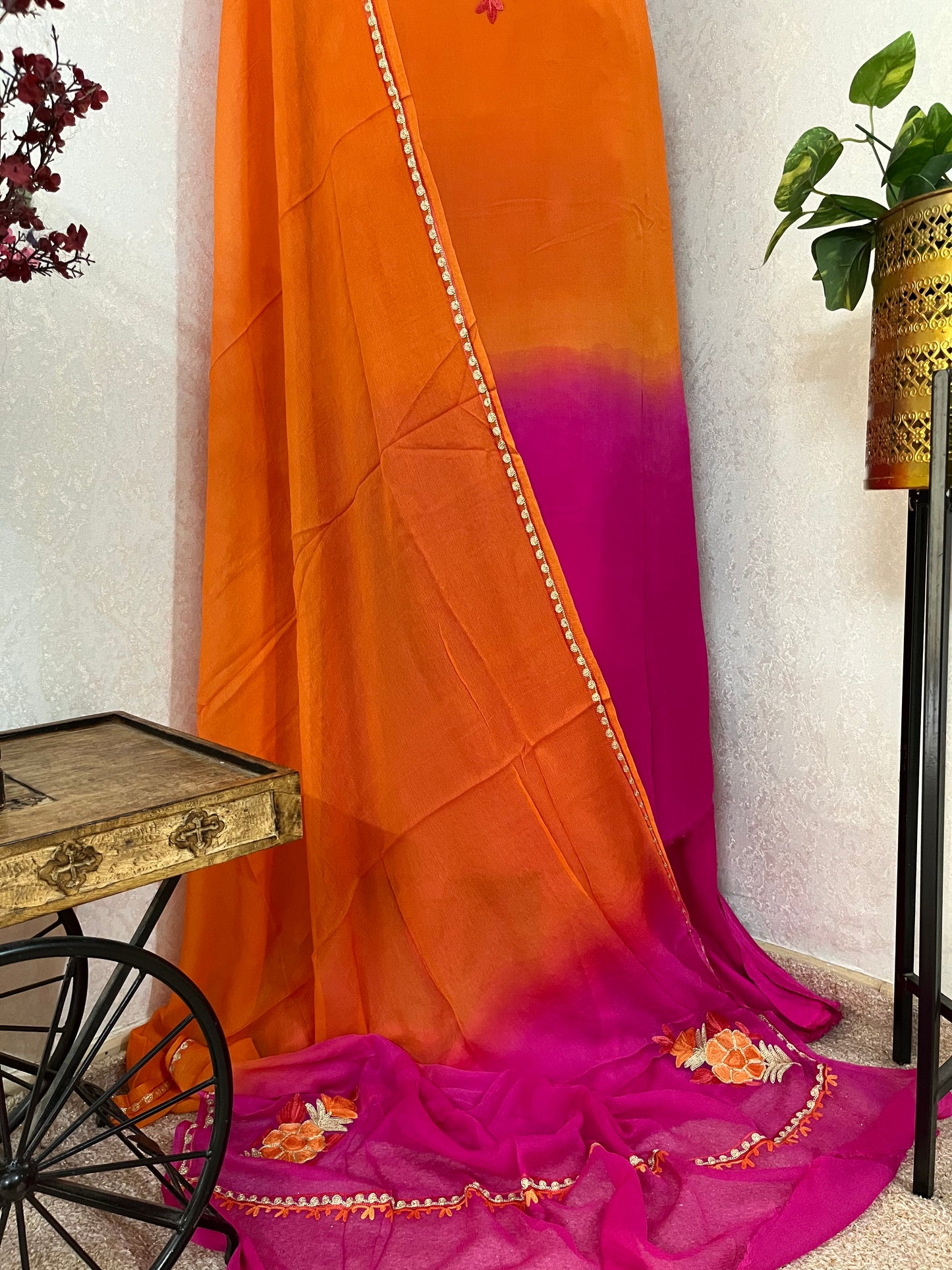 Orange Pure Georgette Double Shade Kashmiri Suit