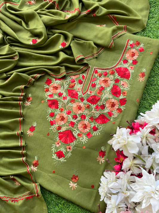 Heena Green Woollen Aari Embroidered 3pc suit