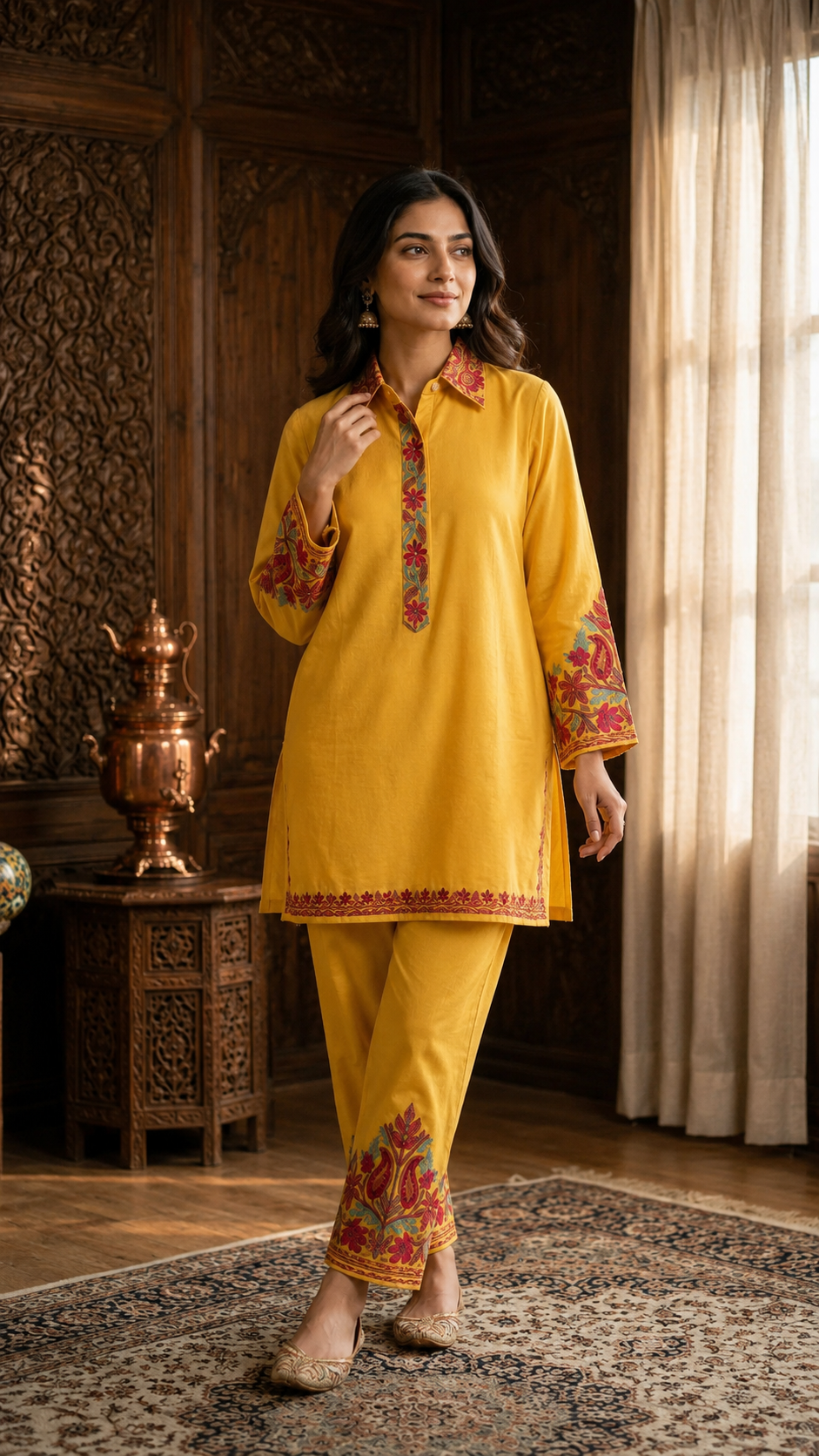 Yellow Cotton Stitched Co-ord Set (L/XL)
