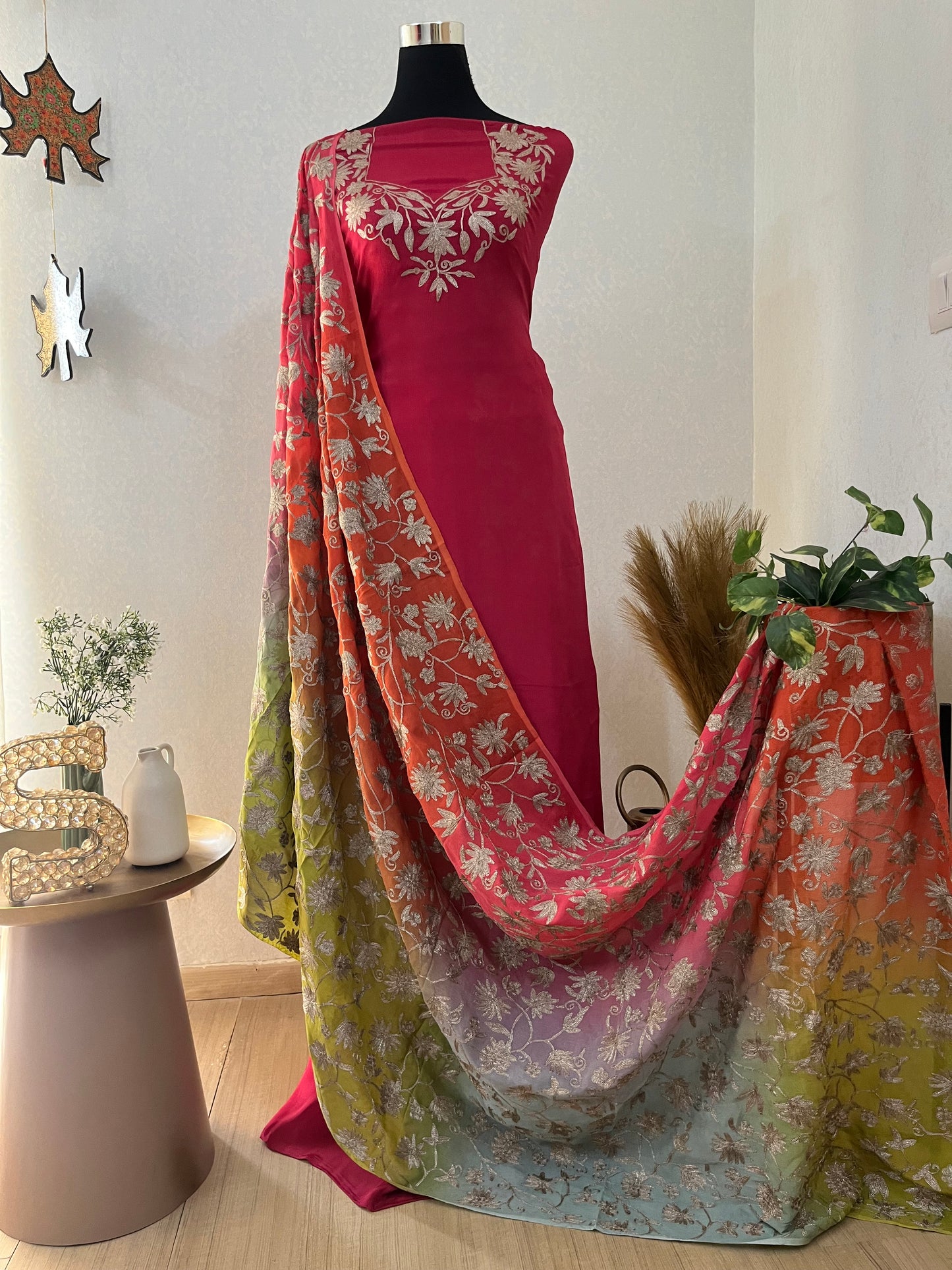 Coral Pink Pure Chinon 3 Pc Heavy Kashmiri Suit