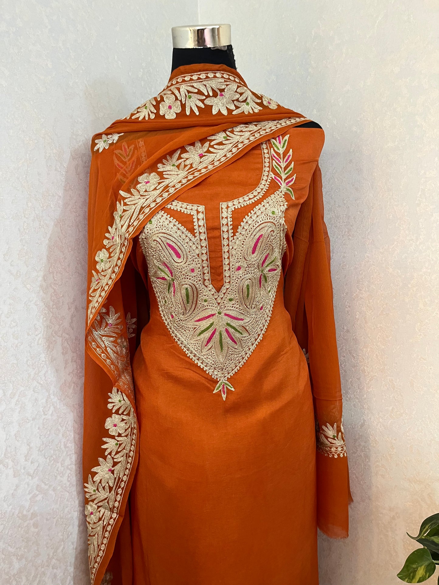 Dull Orange Opada Silk Kashmiri Suits