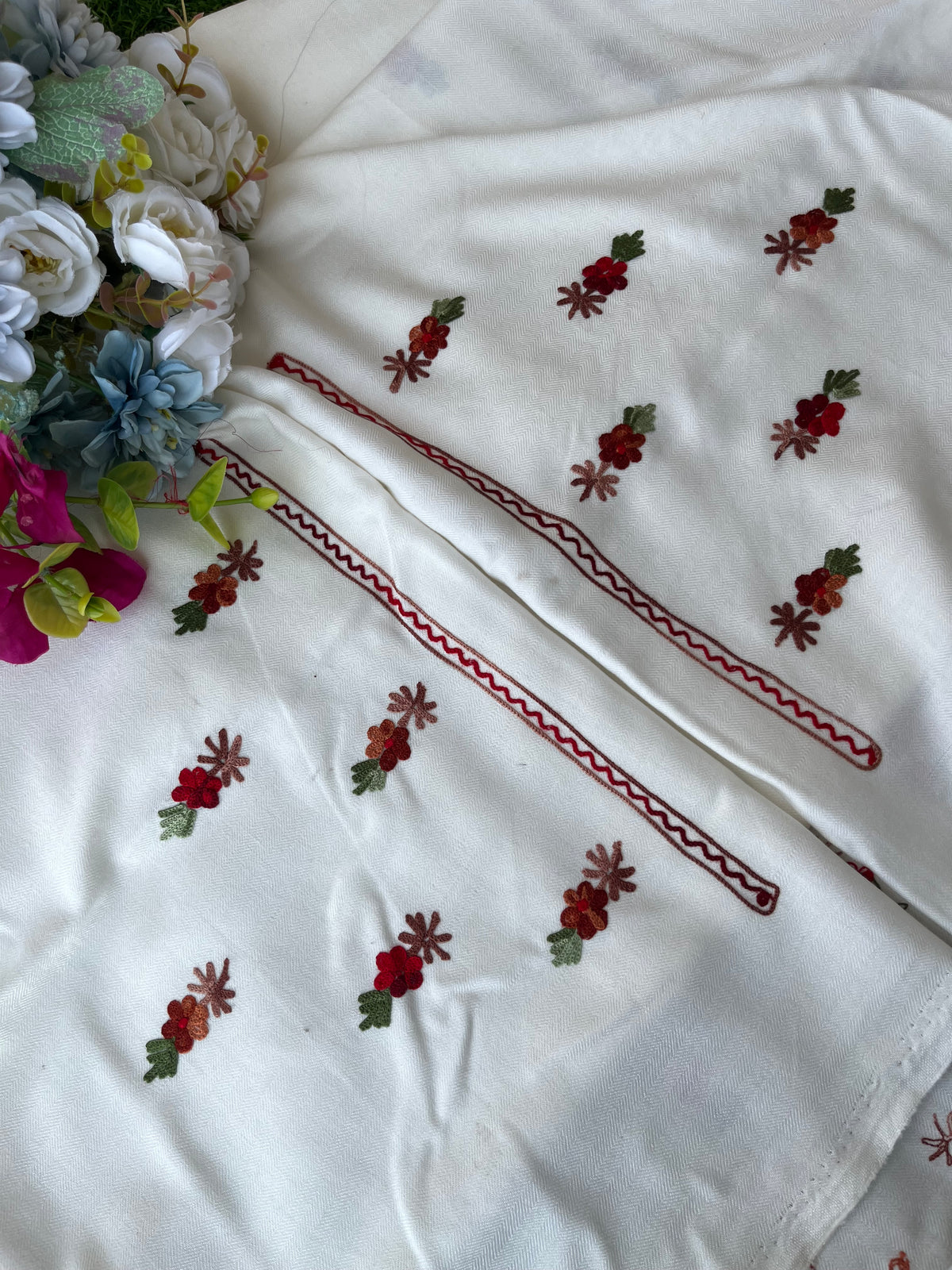 Off White Woollen Aari Embroidered 3pc suit