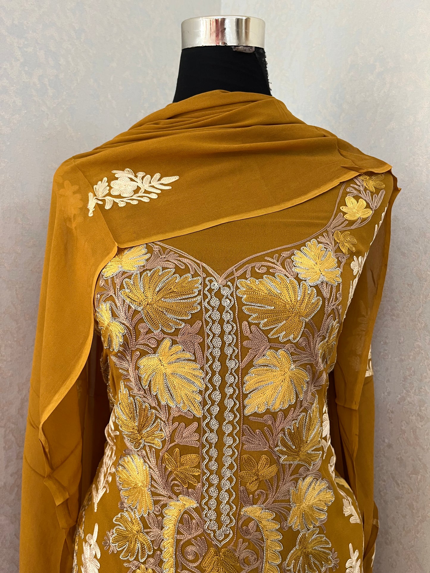 Mustard Pure Georgette 3 Pc Heavy Kashmiri Suit