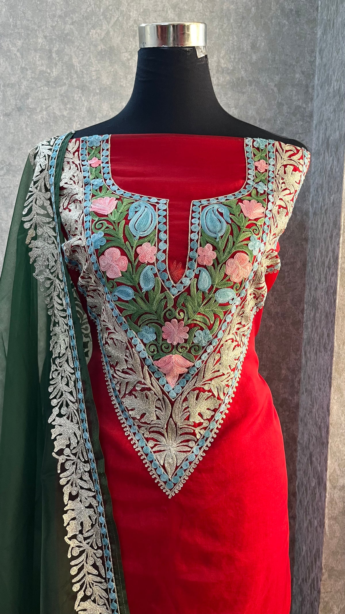 Red Soft Tissue Kashmiri Suit