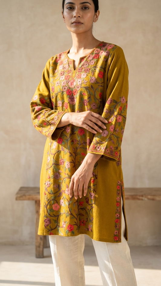 Mustard Gold Aari Embroidered Wool Pheran