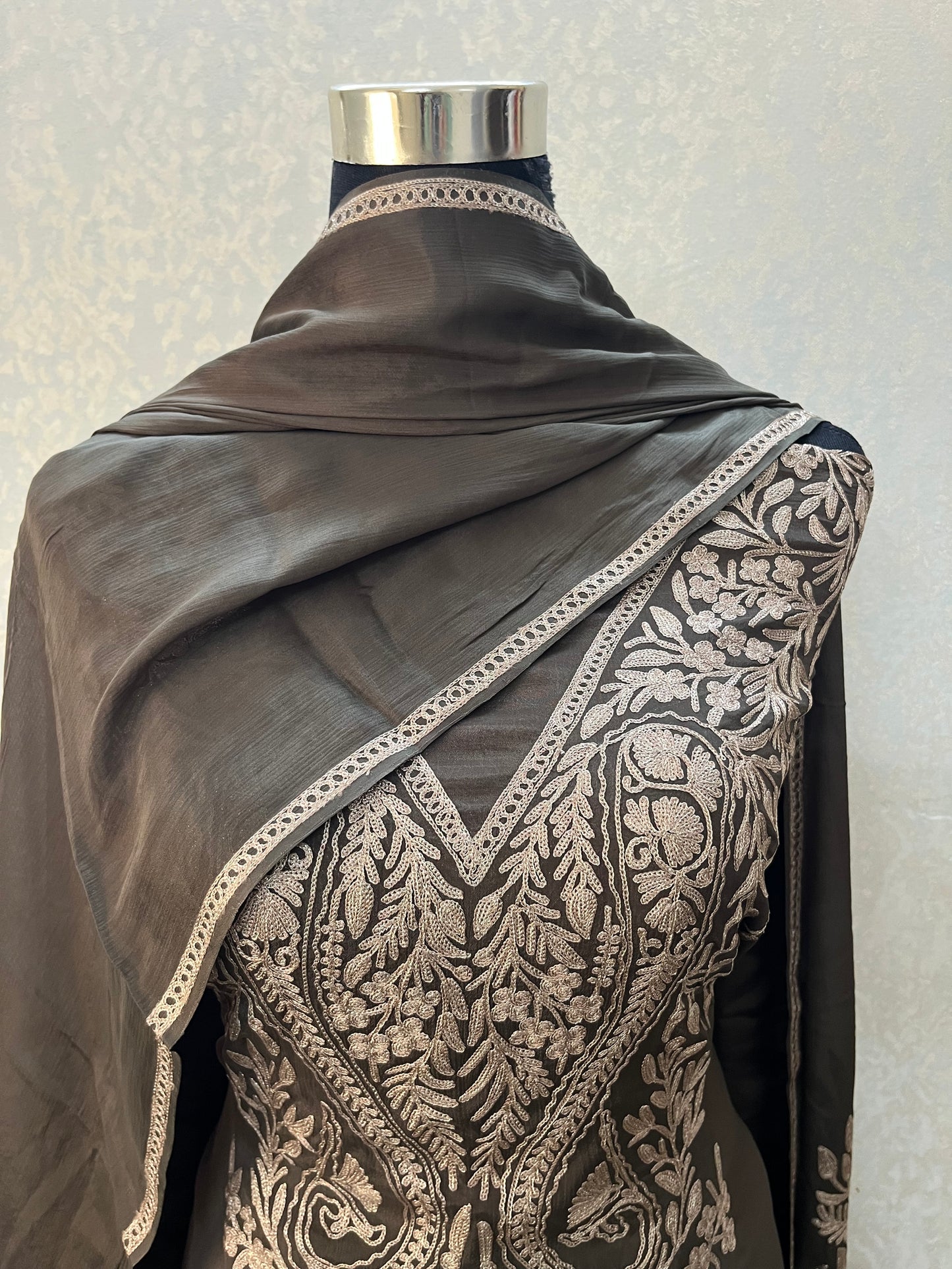 Luxury Pure Chinon Oxidised Tilla Embroidered Kashmiri Suit