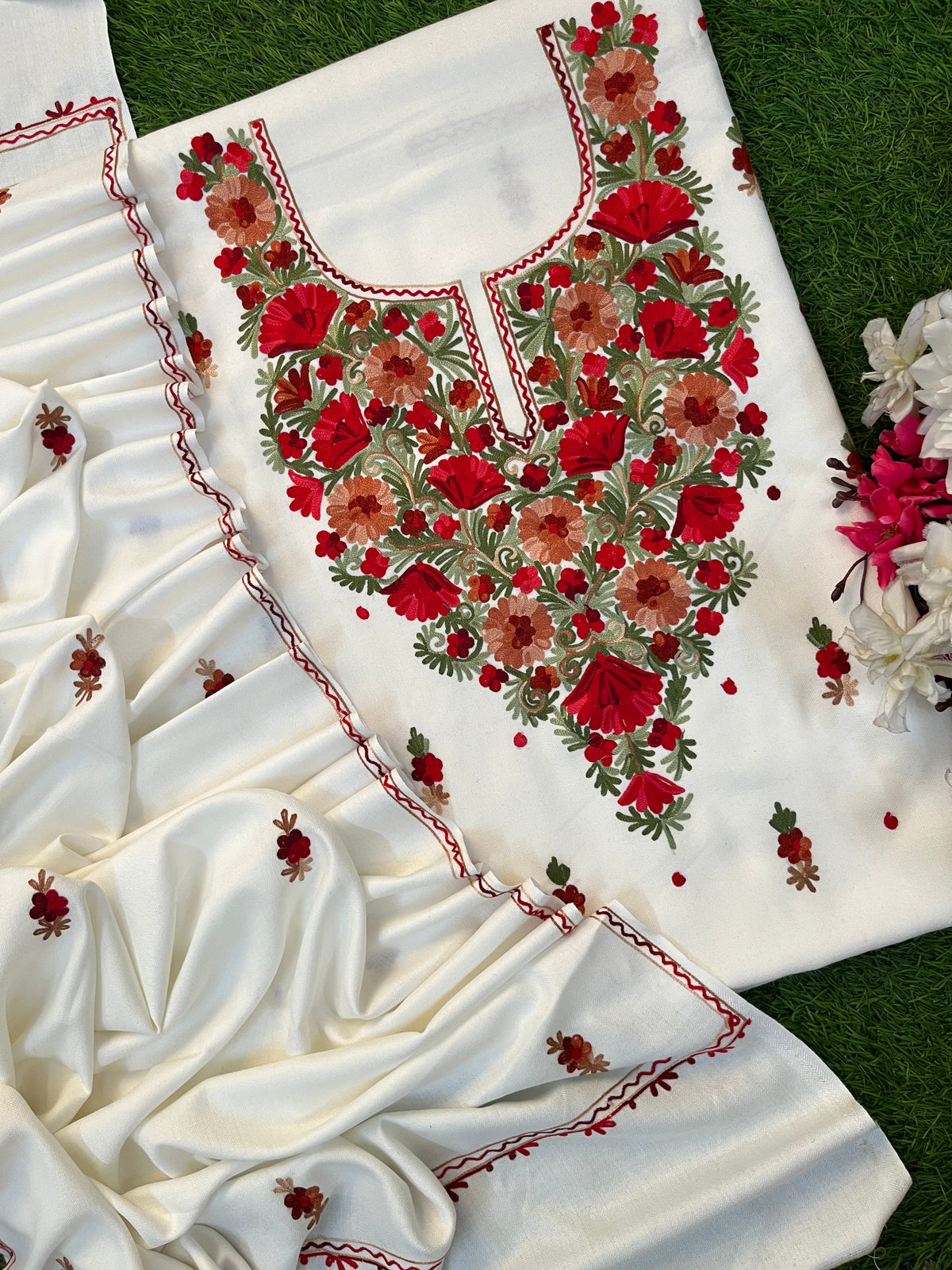 Off White Woollen Aari Embroidered 3pc suit