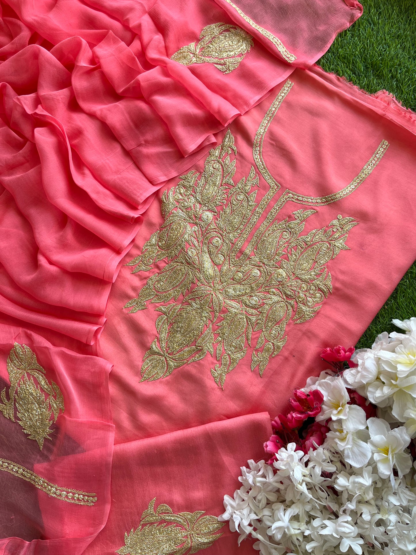 ‘Kalaa’ Peach Muslin Silk Tilla Embroidered Suit material