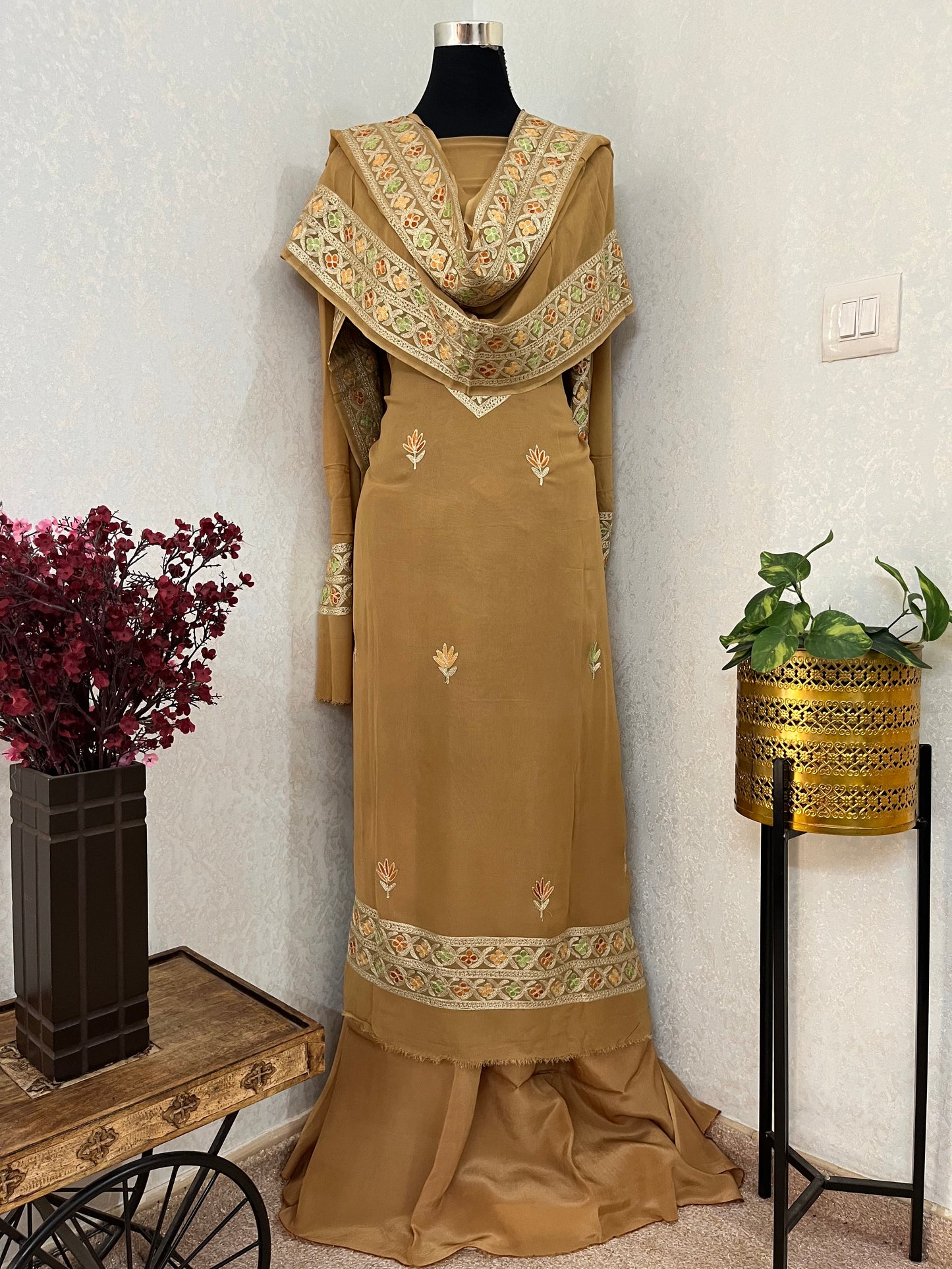 Golden Pure Georgette 3Pc Kashmiri Embroidered Suit