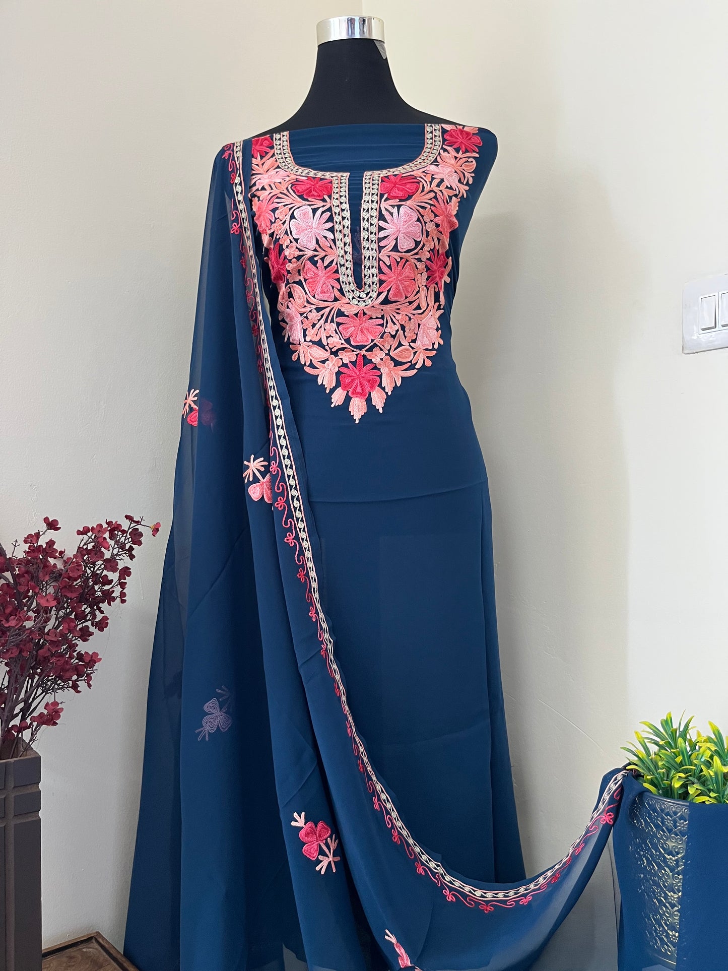 Teal Blue Georgette Shirt and Dupatta Aari Embroidered Suit