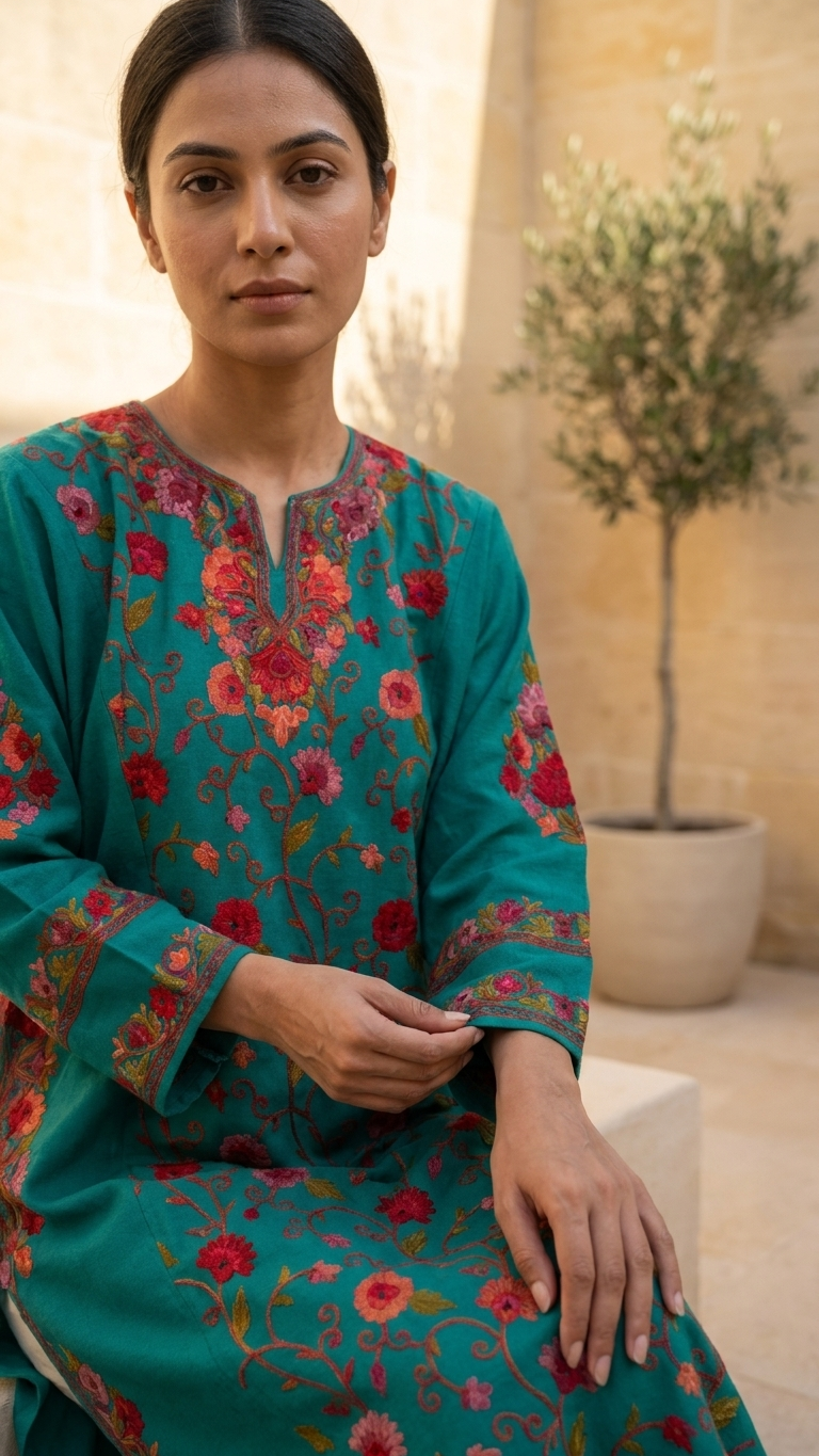 Green Aari Embroidered Wool Pheran