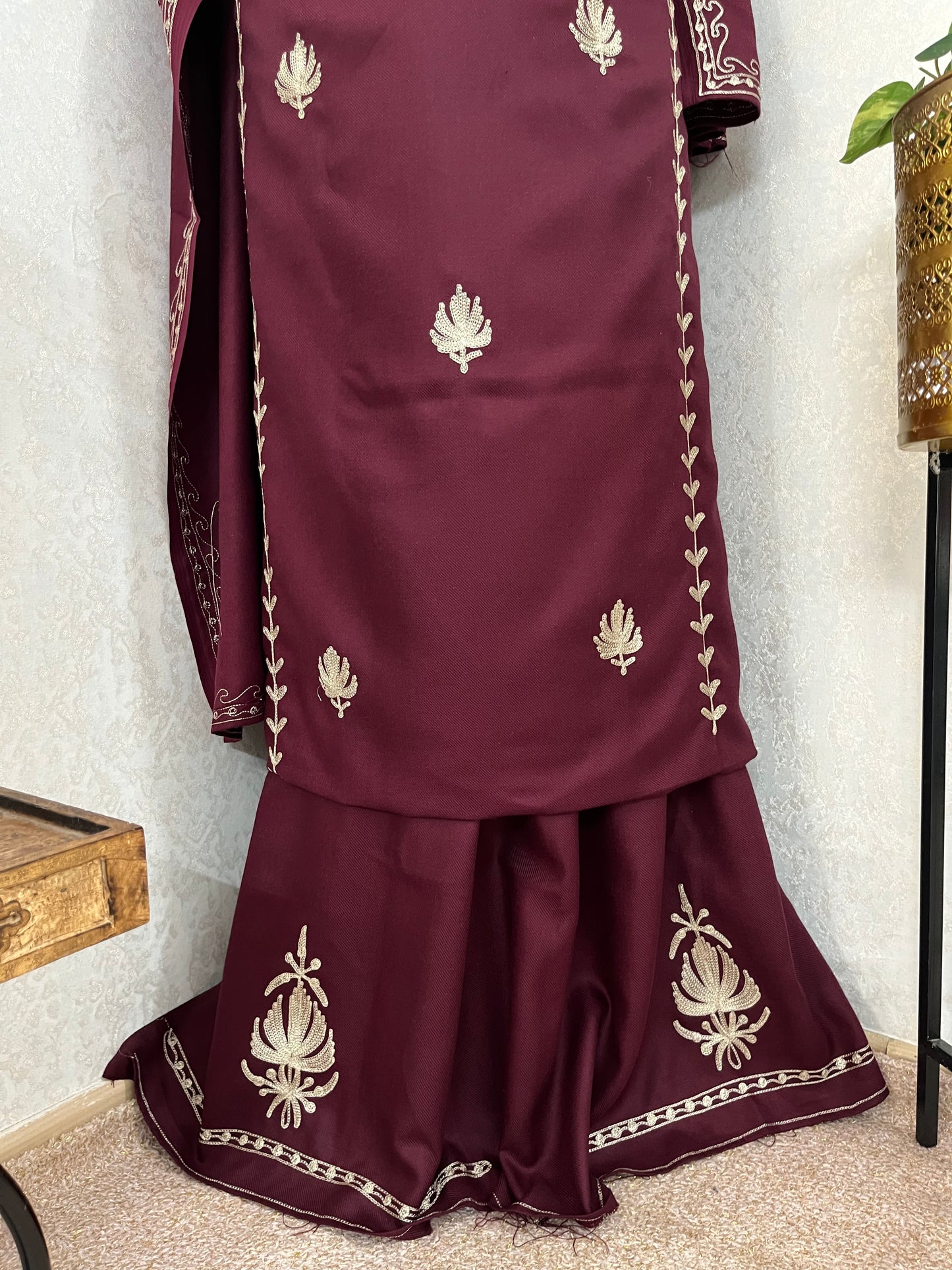 Wine Tilla Embroidered 3pc Suit Stole