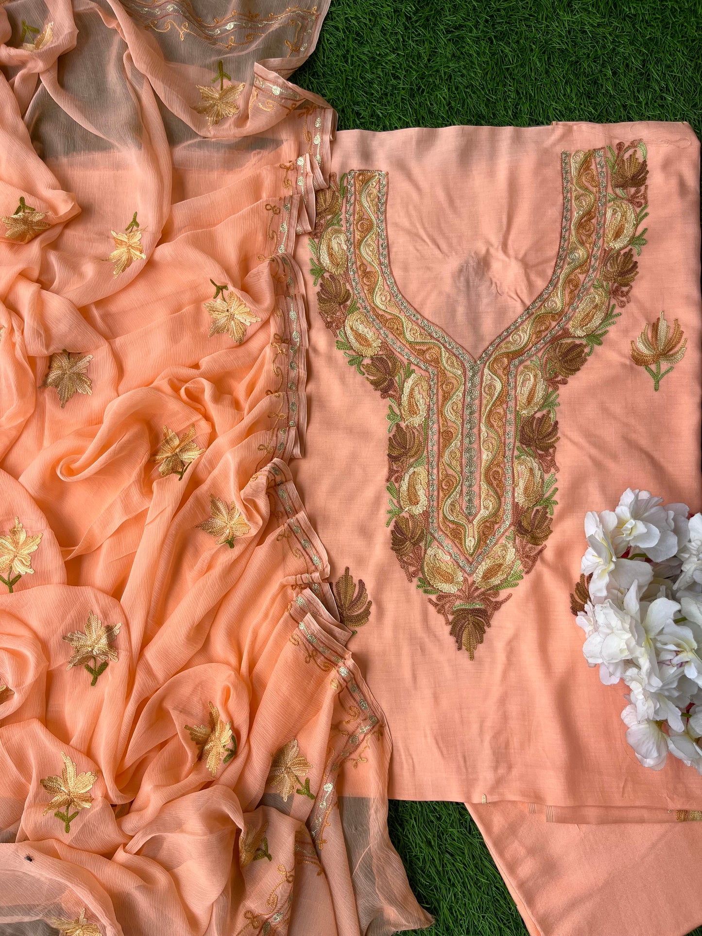 Peach Muslin Cotton Aari Embroidered 3pc set