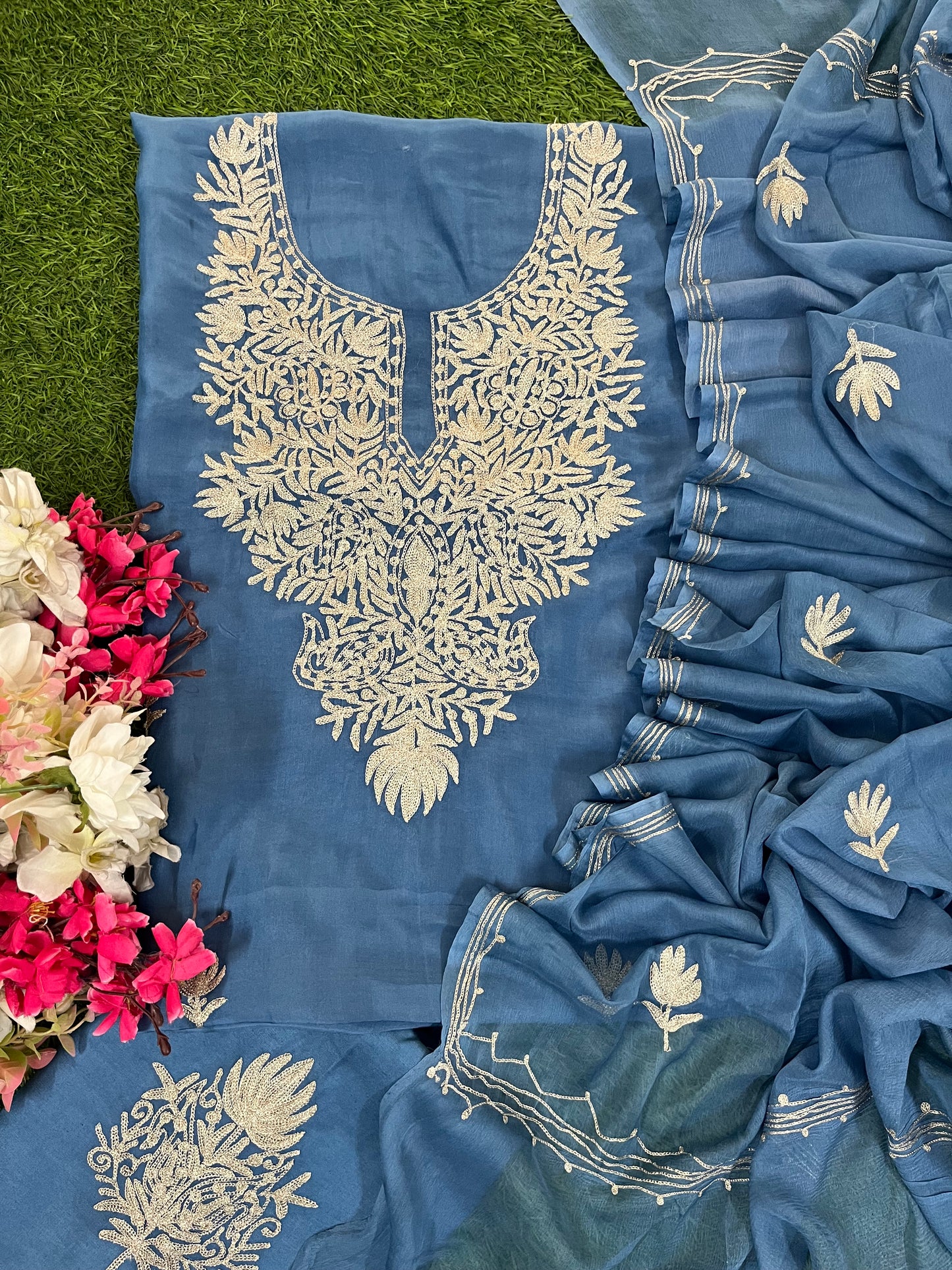 Soft Blue Silk Tilla Kashmiri Suit