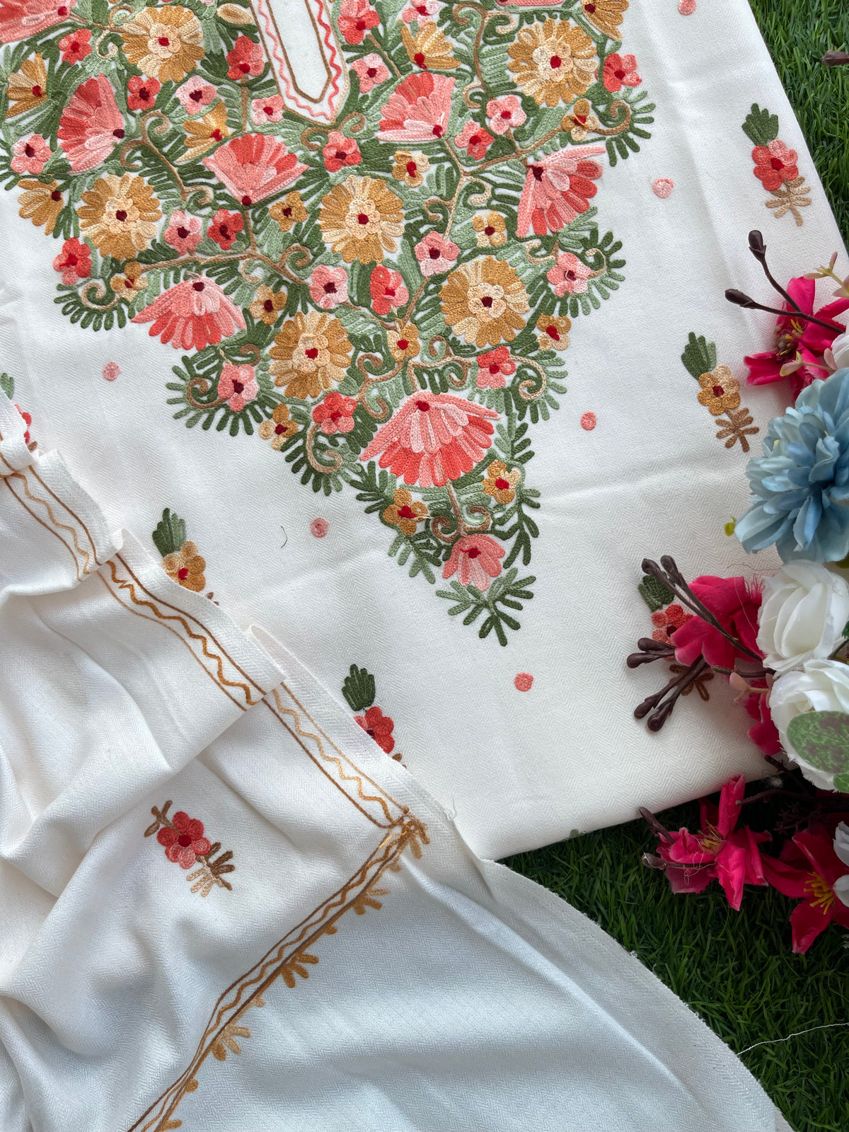 Off White Woollen Aari Embroidered 3pc suit