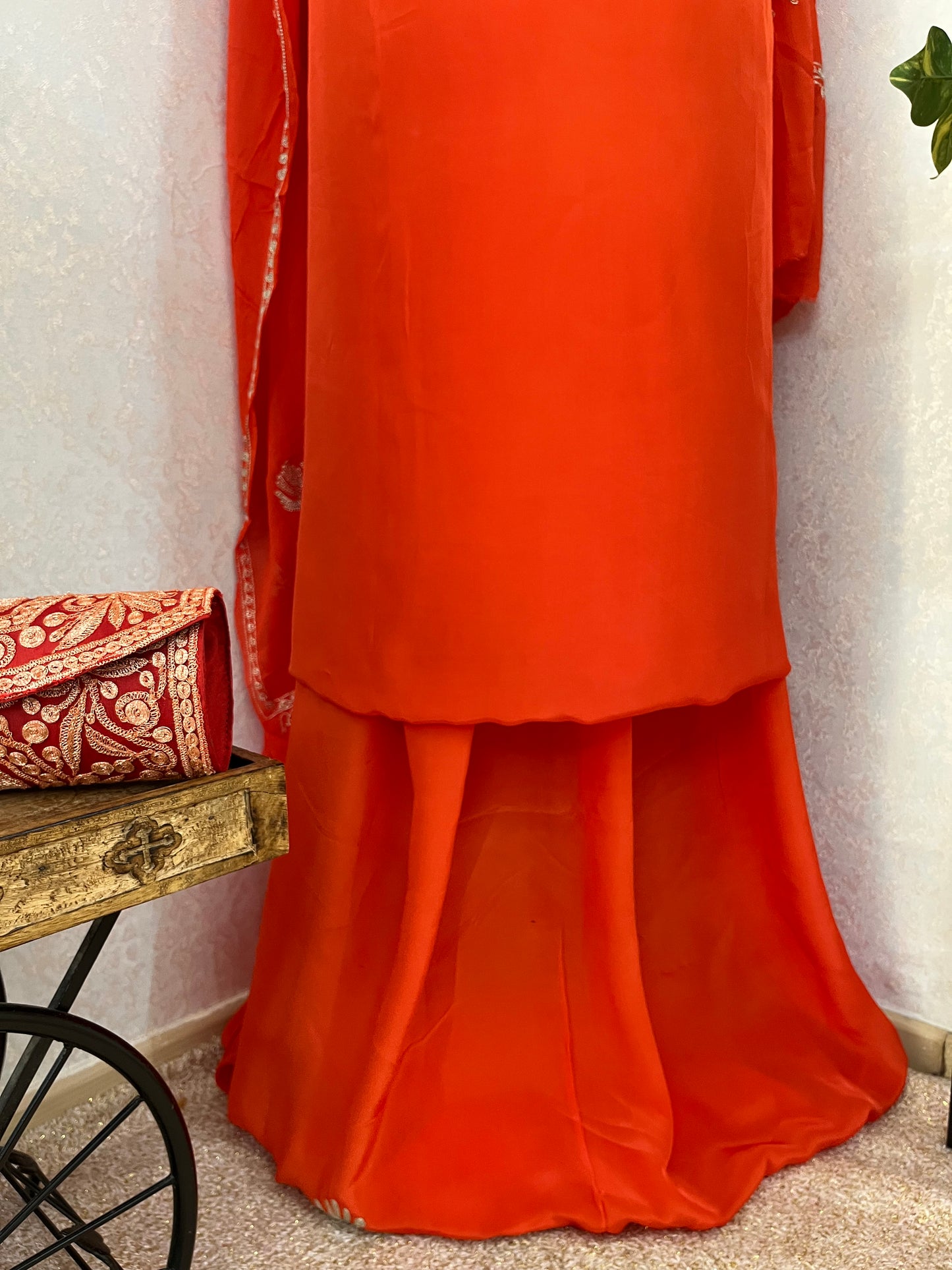 Orange Crape Kashmiri Suit with Clutch
