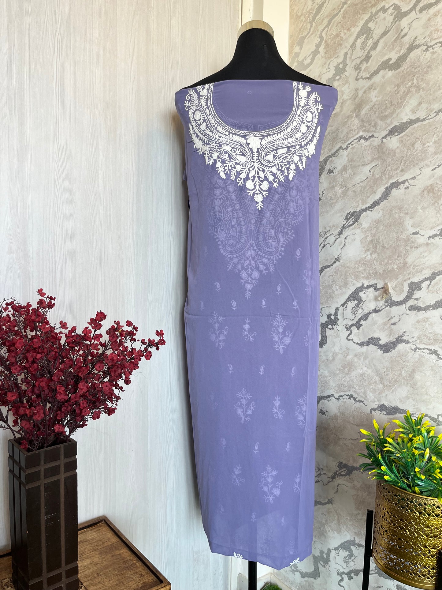 Georgette Lilac All over Work Aari Embroidered Unstitched Kurta Material