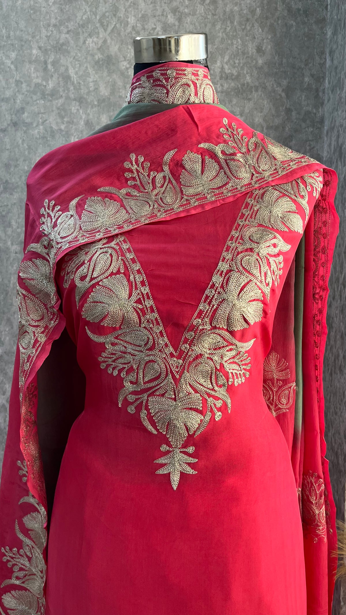 Carrot Pink Sanam Silk Kashmiri Suit