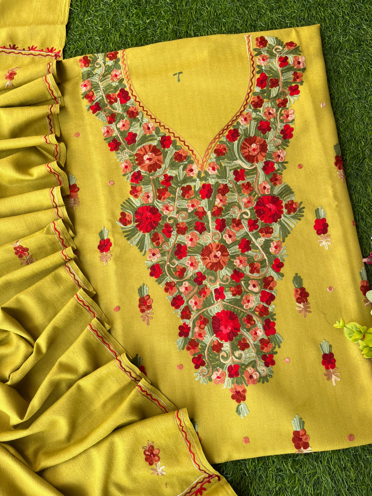 Lime Green Woollen Aari Embroidered 3pc suit