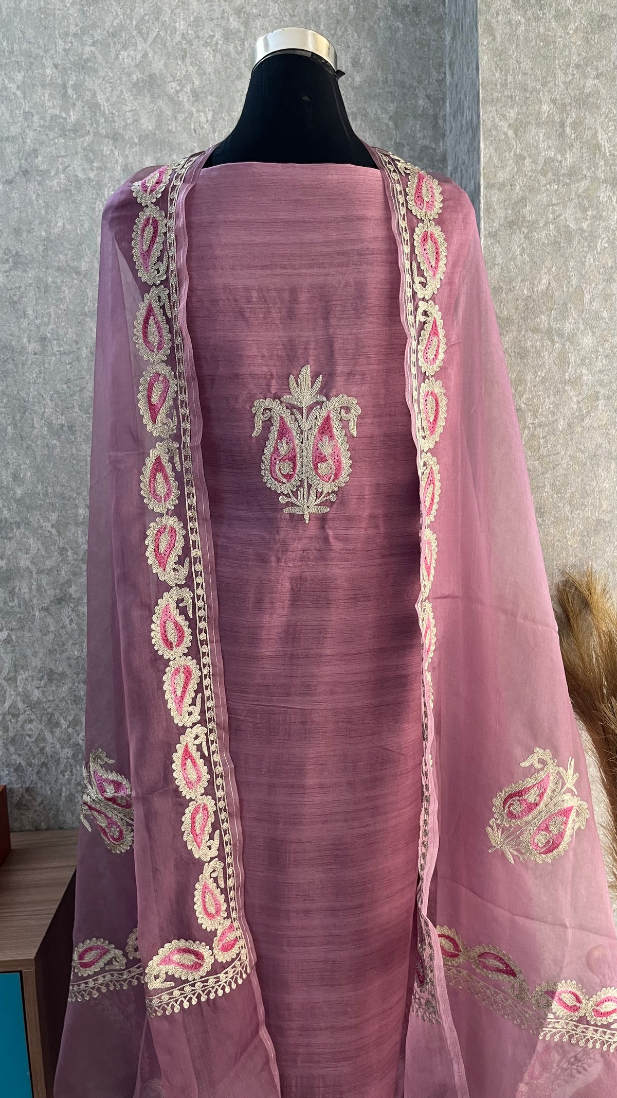 Mauve Russian Silk Kashmiri Suit