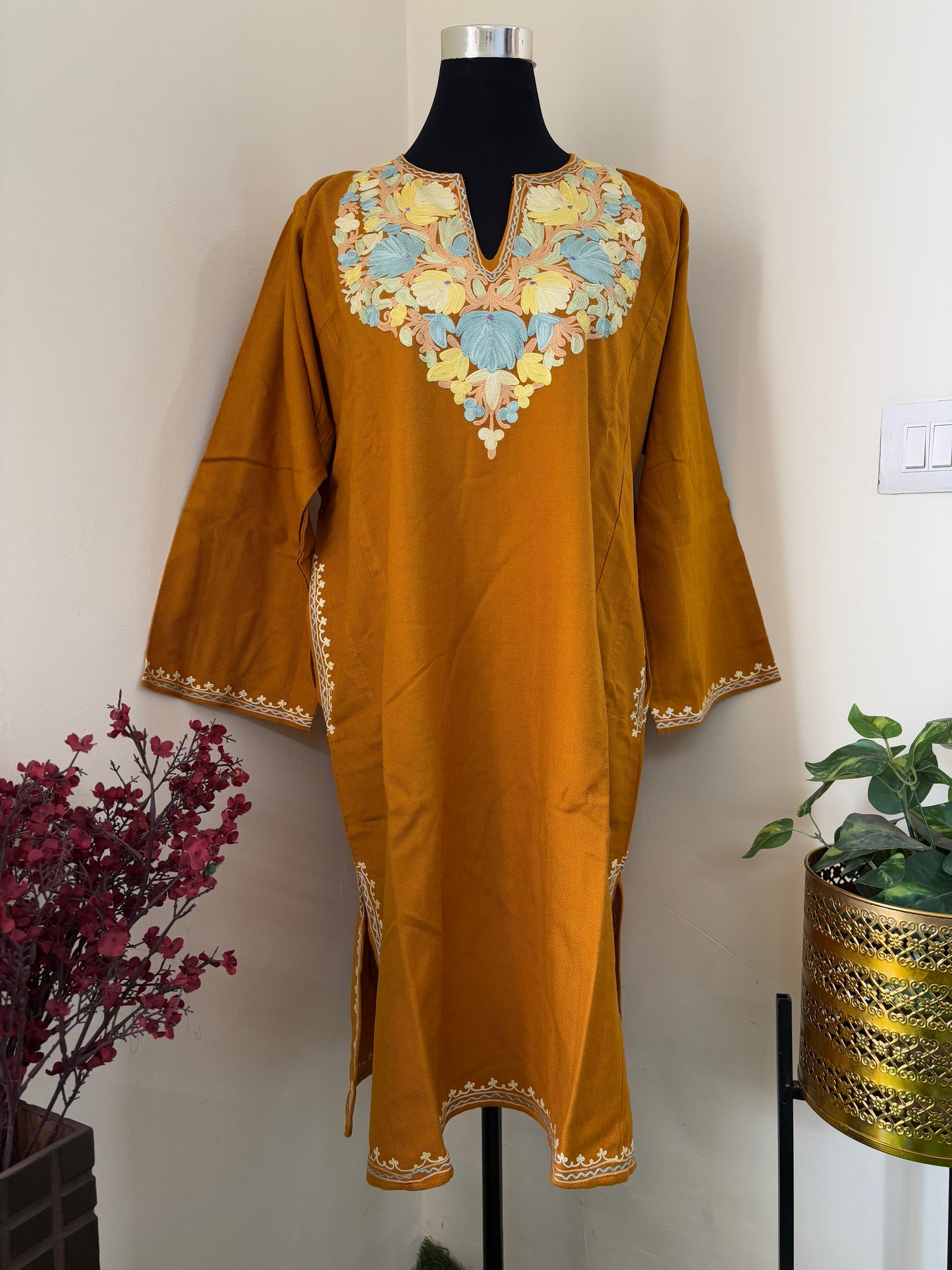 Mustard Yellow Aari Embroidered Wool Pheran