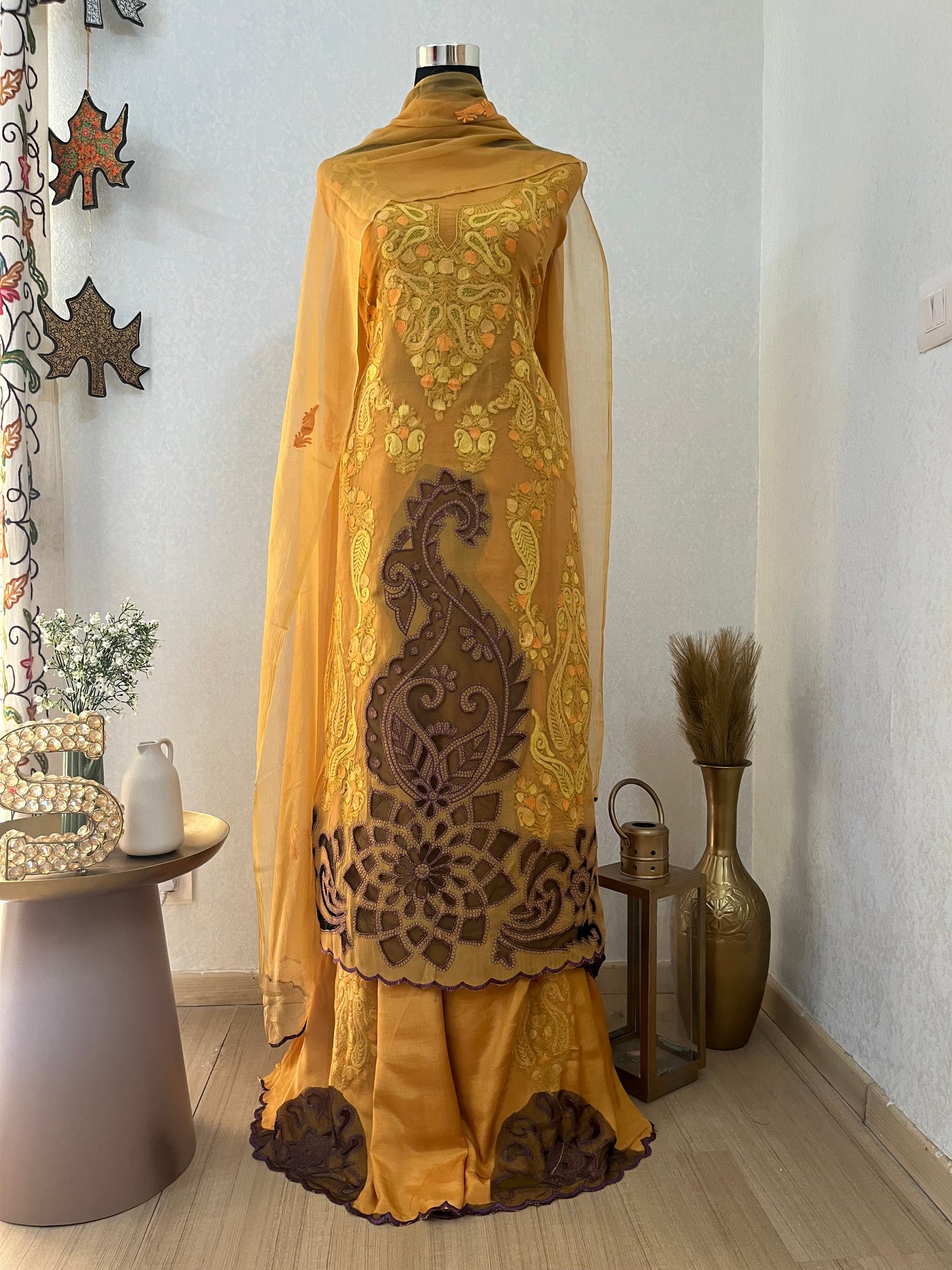 Mustard Yellow Pure Organza Cut Work Kashmiri Suit
