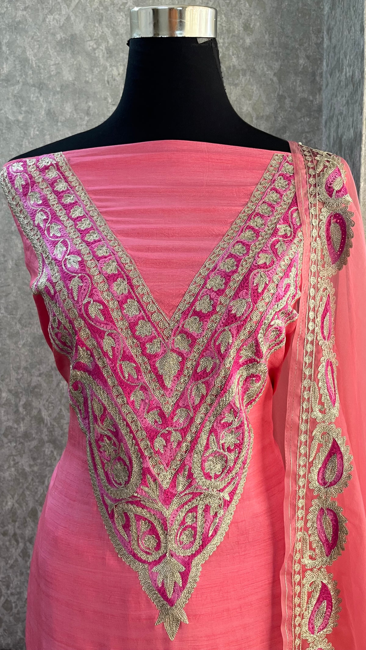 Bubbly Pink Russian Silk Kashmiri Suit