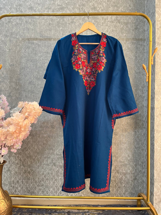 Peacock Blue Aari Embroidered Wool Pheran