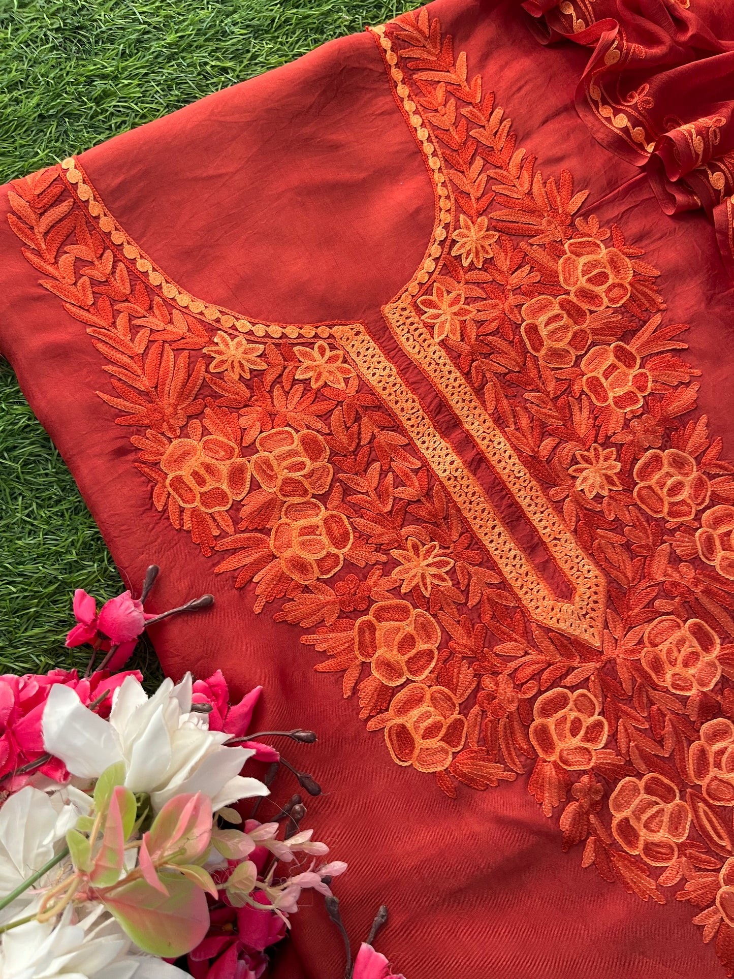 Orange Silk Kashmiri Suit