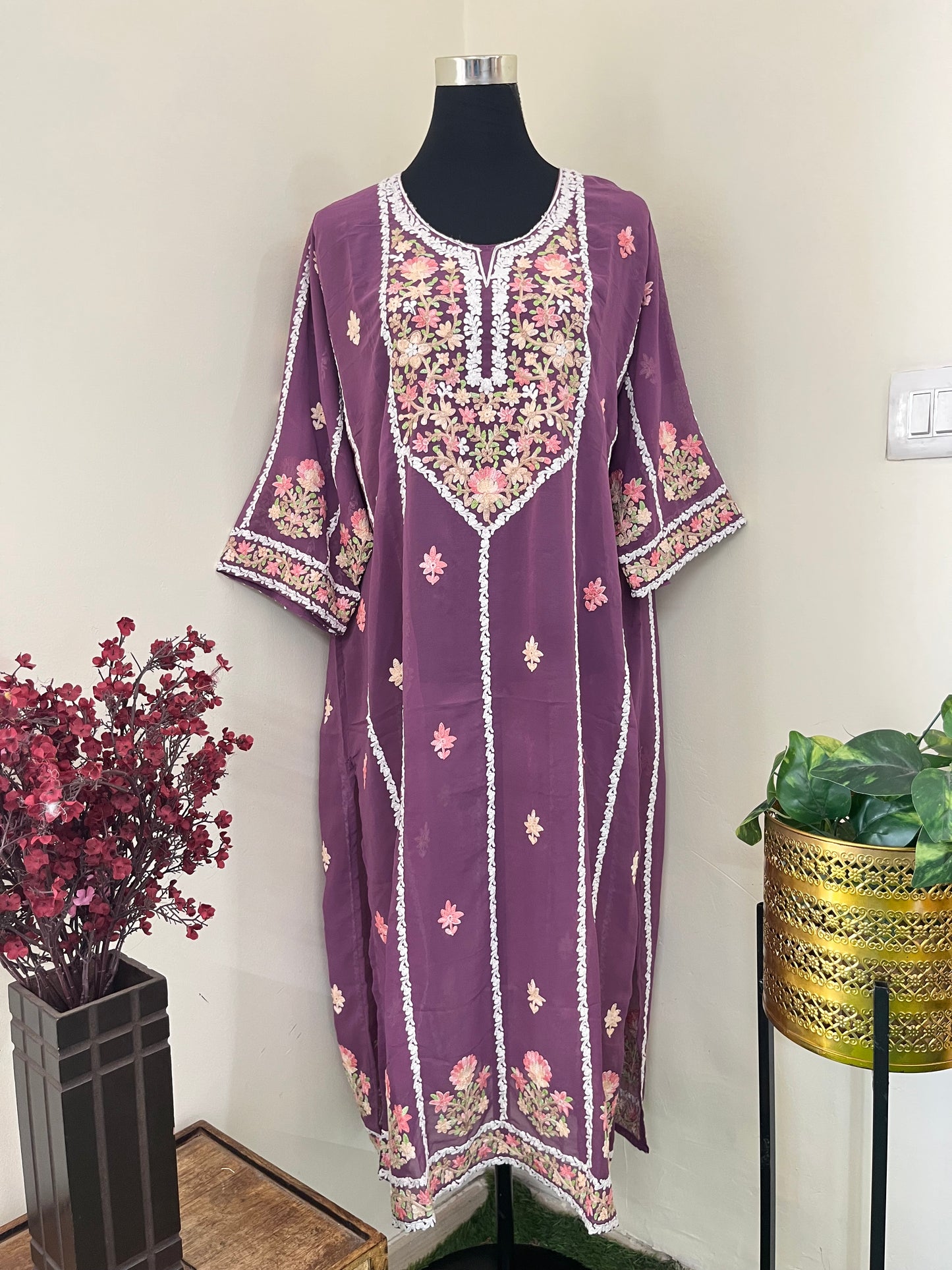 Lilac Georgette All over Work Aari Embroidered Unstitched Kurta