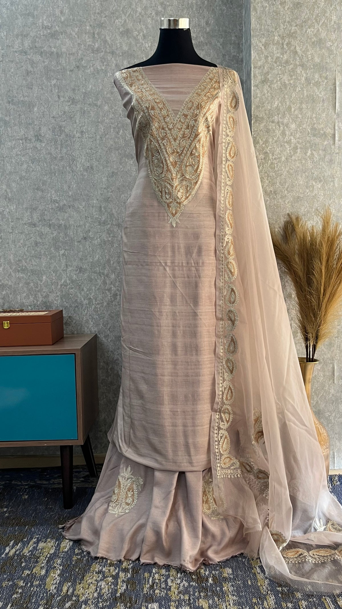 Beige Silk Kashmiri Suit