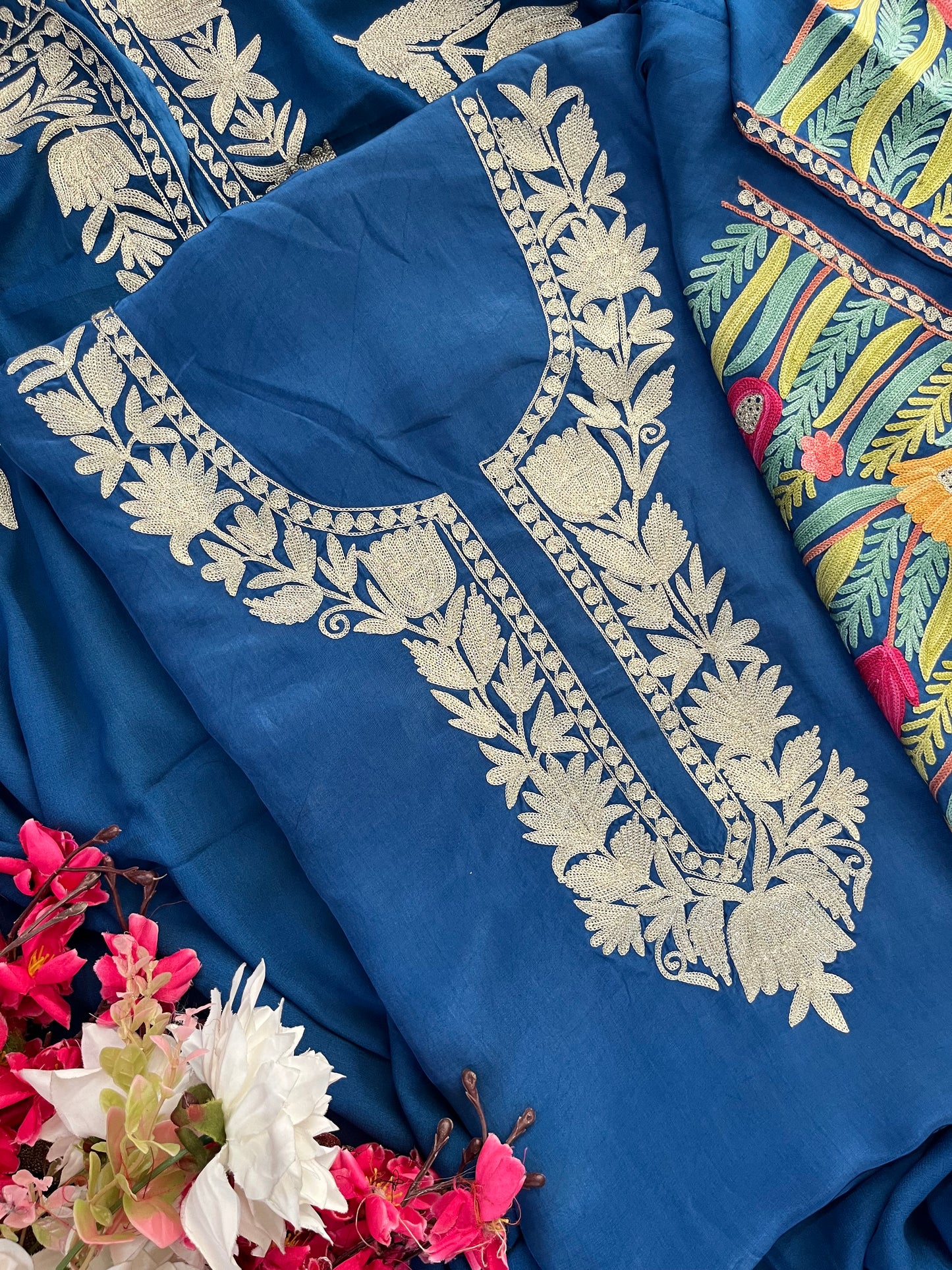 Blue Kalaa’ Crape Kashmiri Suit (Aari Sleeves)