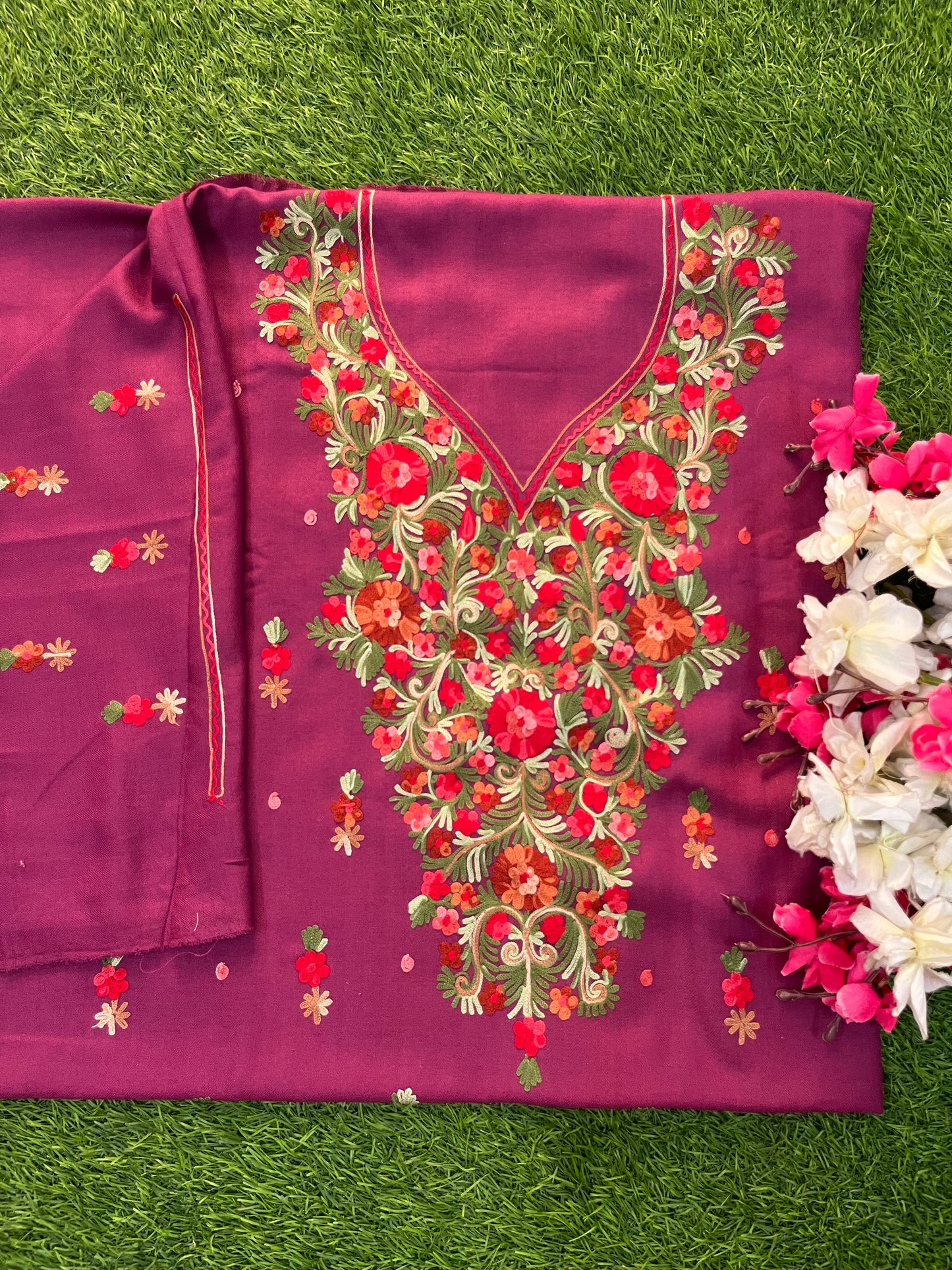 Wine Woollen Aari Embroidered 3pc suit