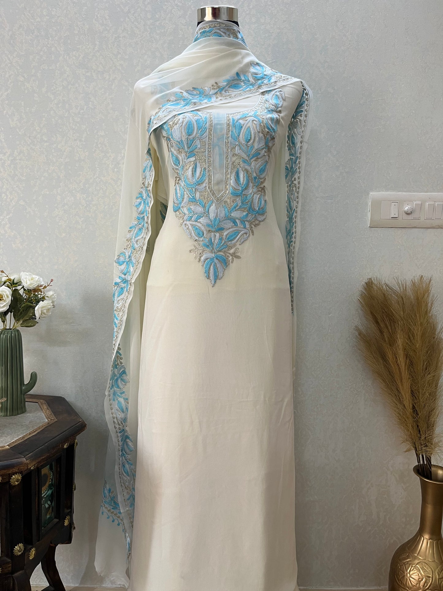 Off White Pure Georgette Kashmiri Suit