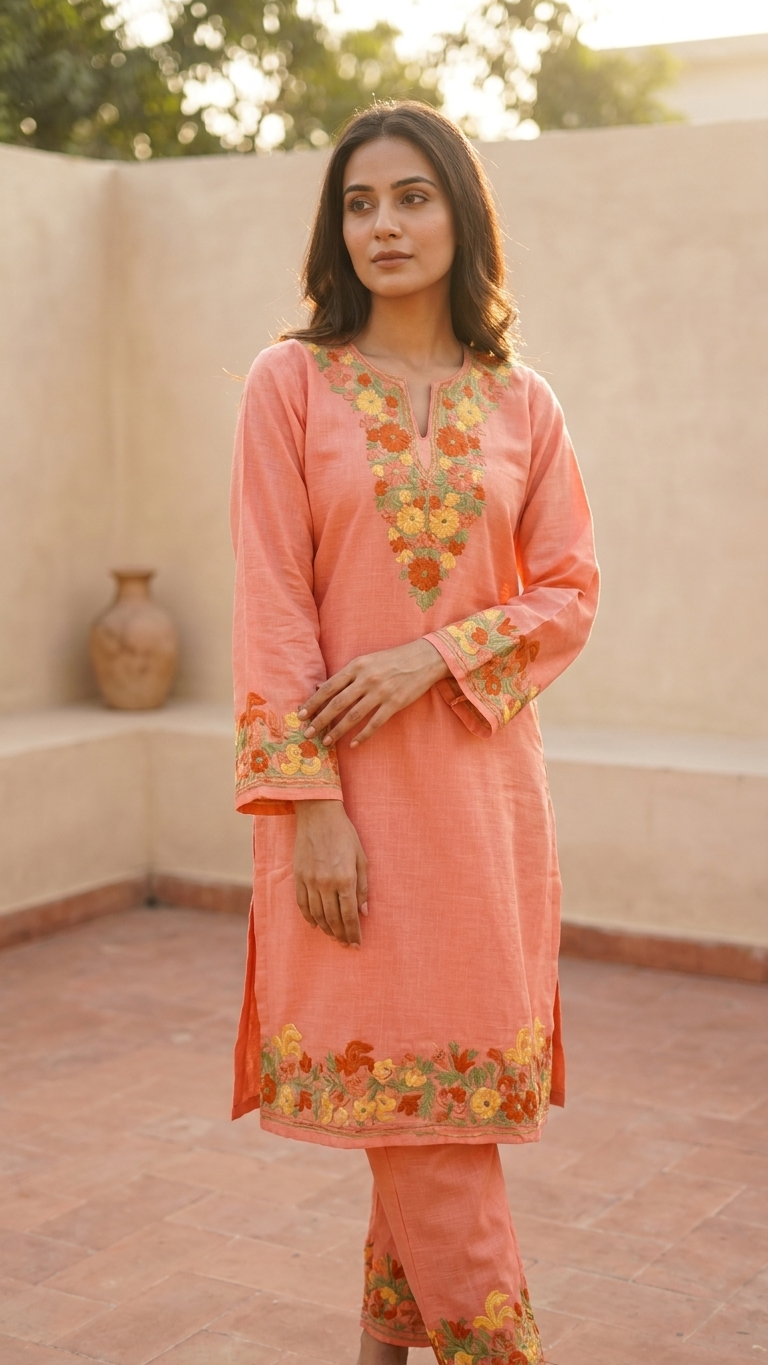 Carrot Pink Cotton Stitched Co-ord Set (L)