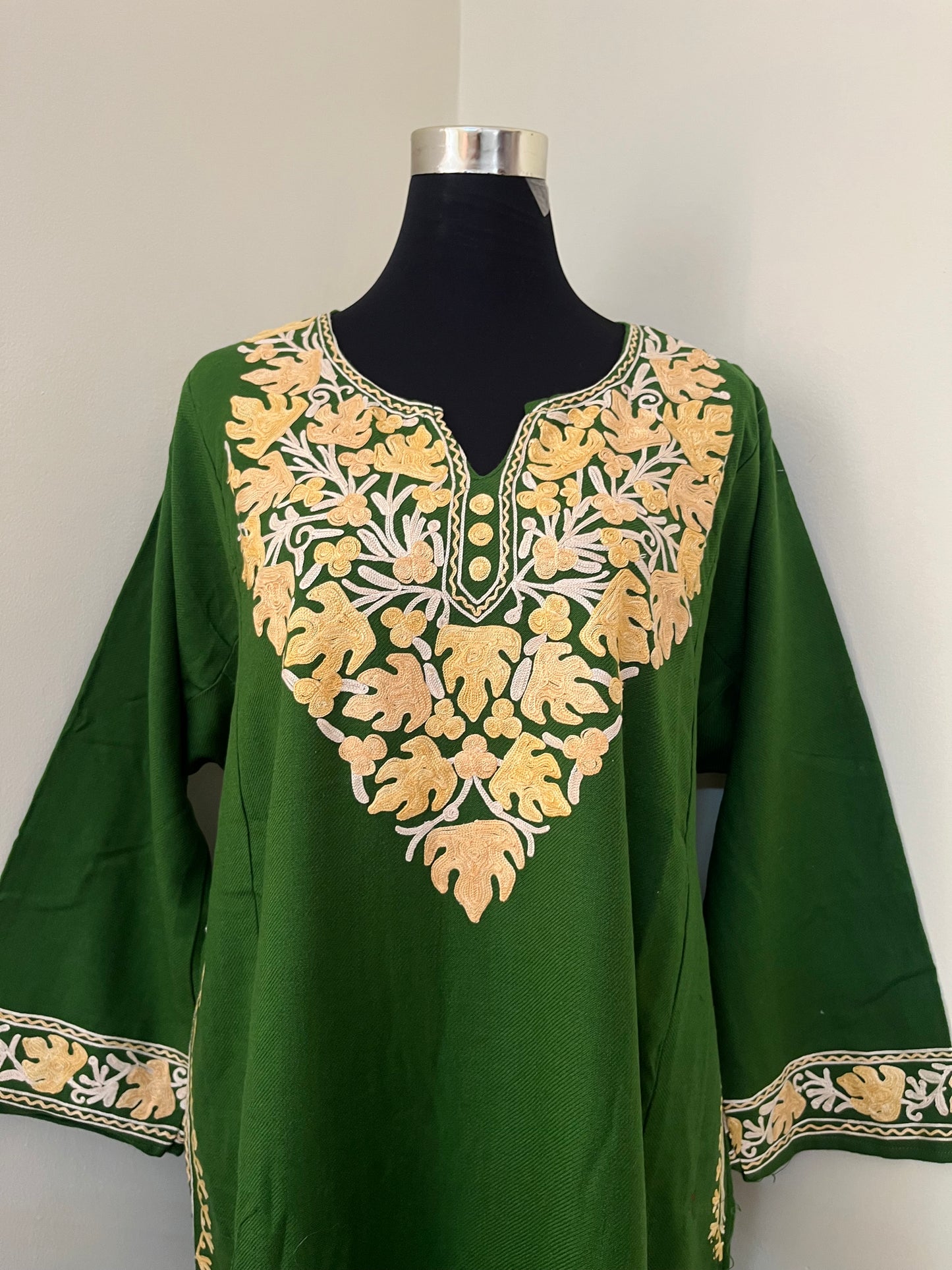 Henna Green Aari Embroidered Wool Pheran