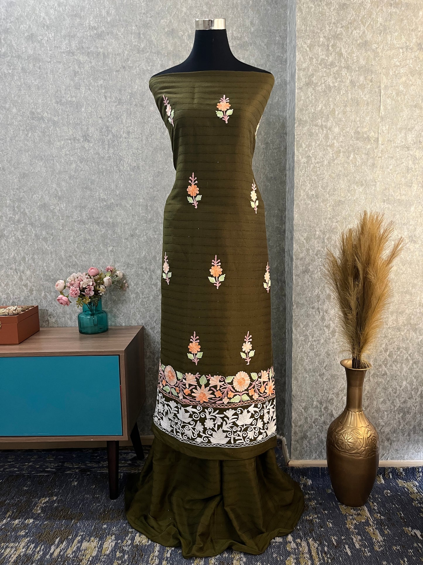 Henna Green Muslin Cotton Striped Pattern Unstitched Co-ord Set