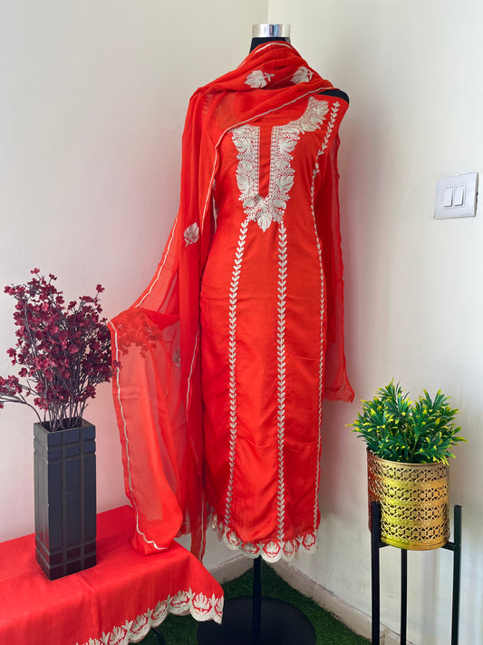 Sanam’ Orange Silk Tilla Embroidered Suit material