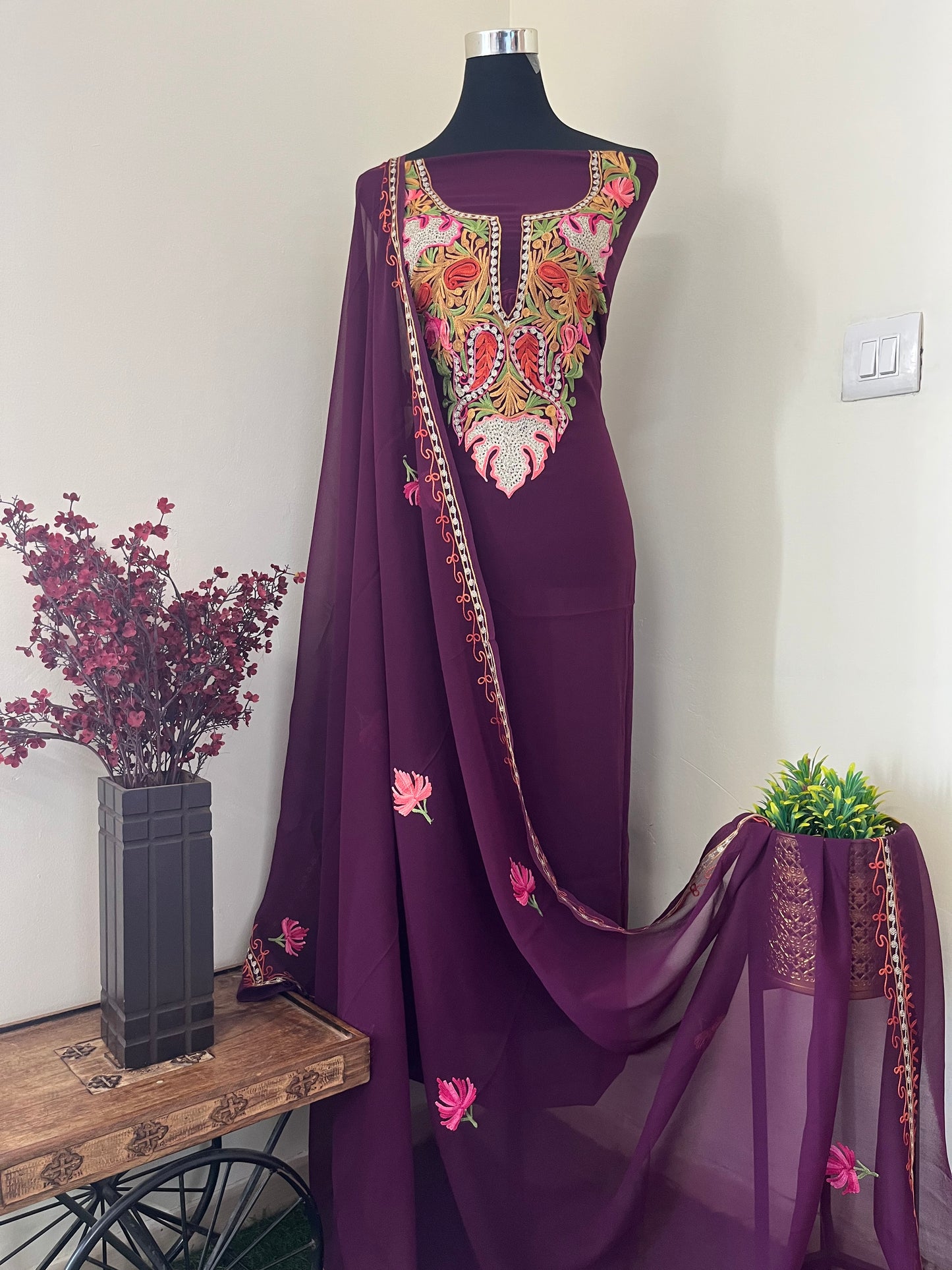 Wine Georgette Shirt and Dupatta Aari Embroidered Suit