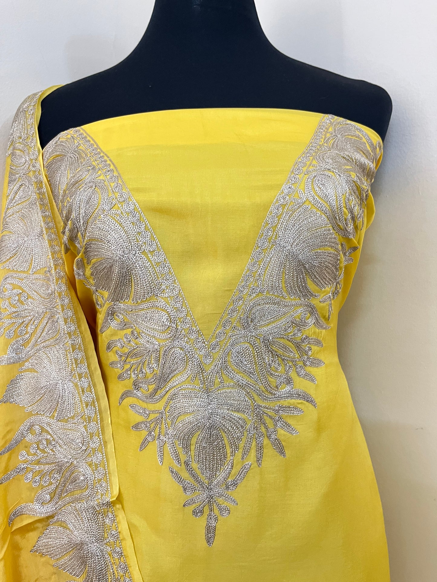 Sanam Musk Yellow Silk Kashmiri Suit