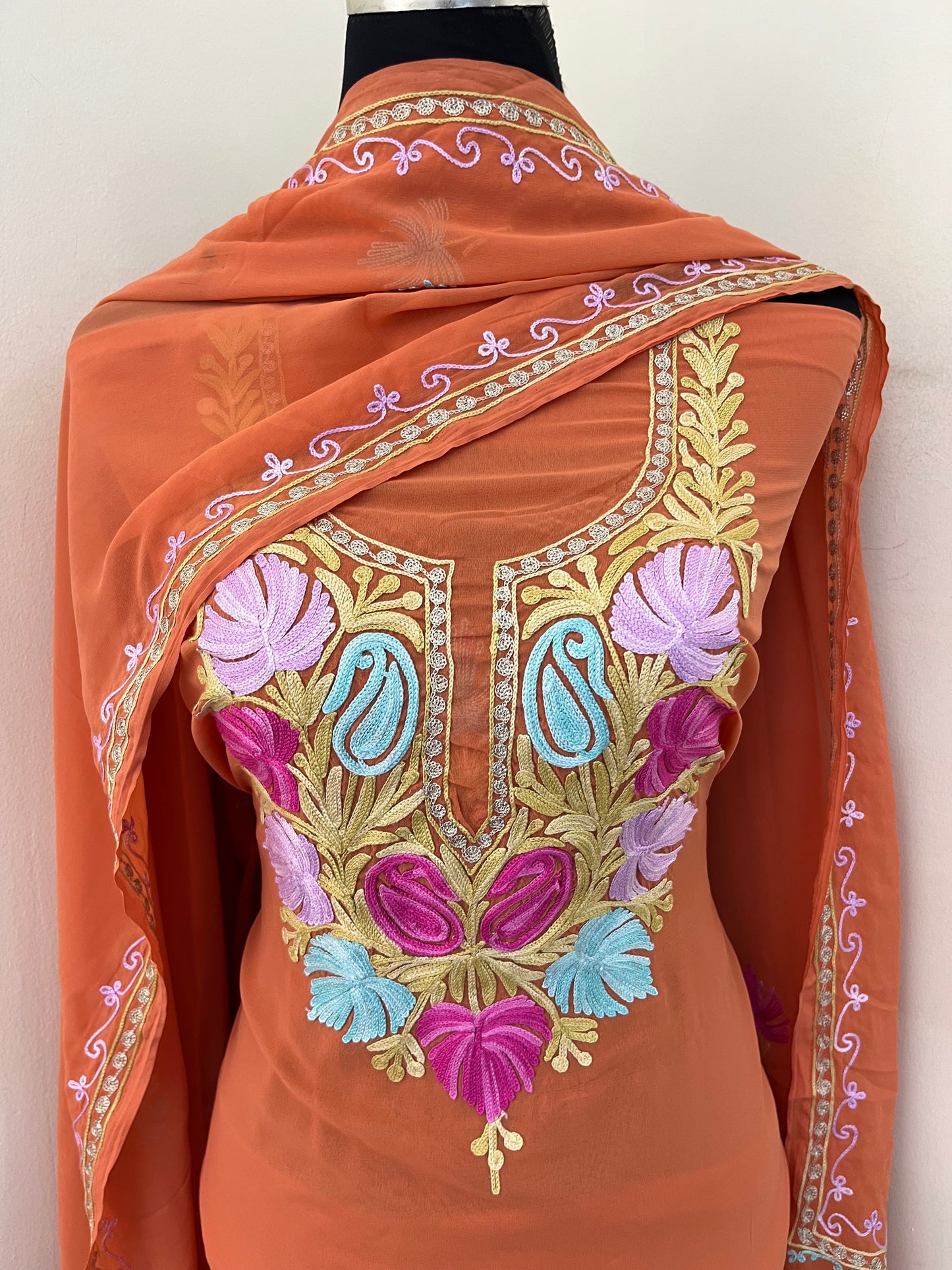 Soft Orange Georgette 3 Pc Aari Embroidered Suit Set