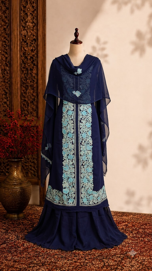 Blue Pure Georgette Achkan Kashmiri Suit