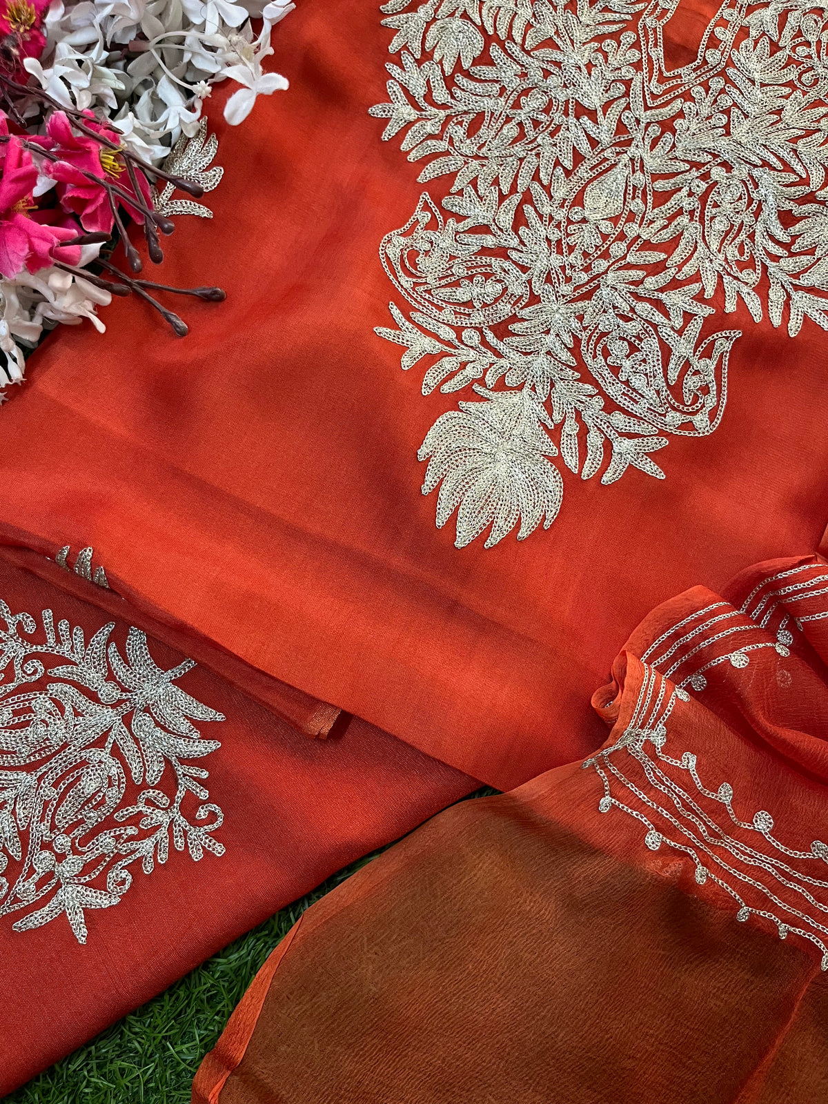 Rust Silk Tilla Kashmiri Suit