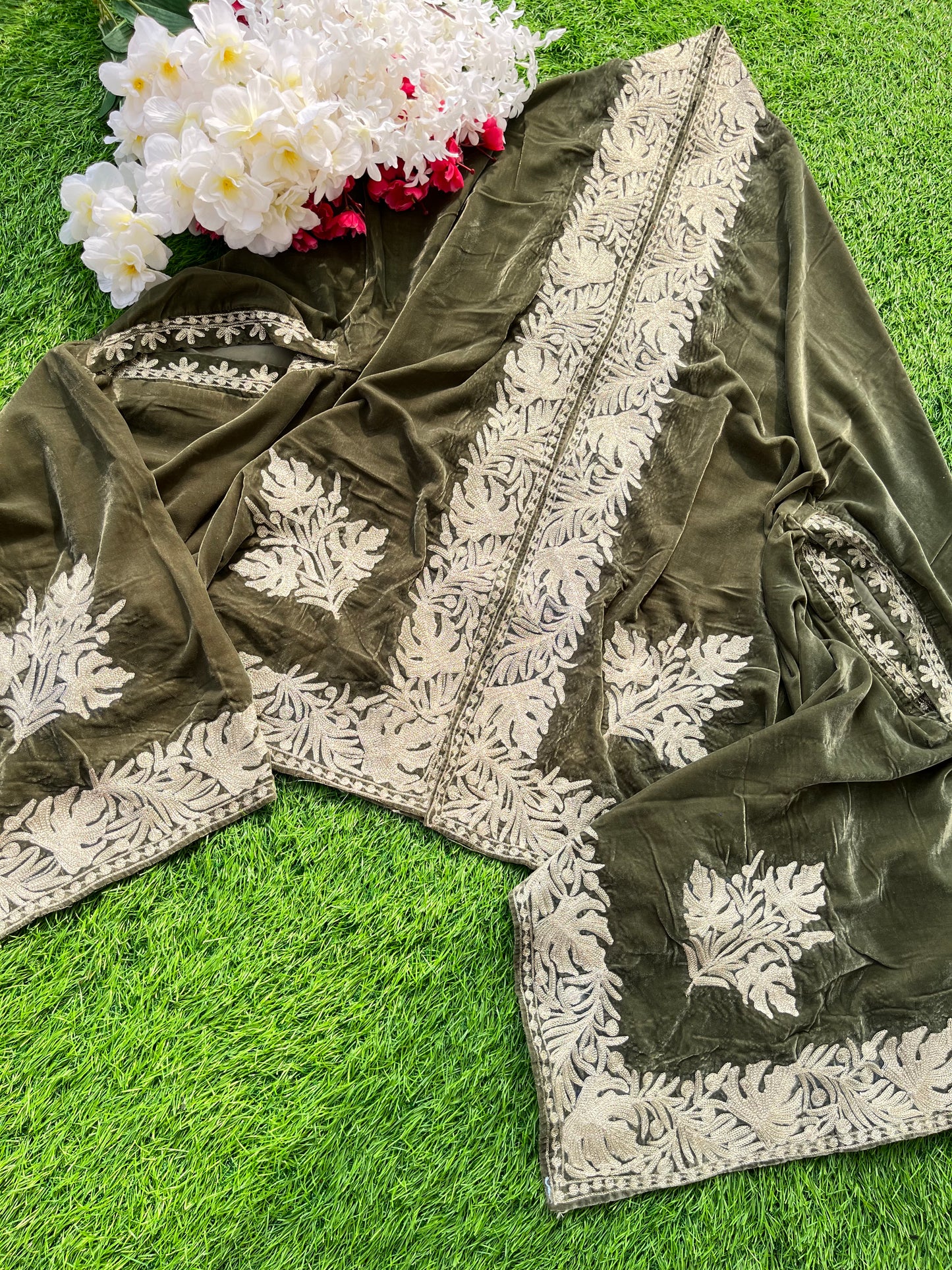 Henna Green Tilla Embroidered Velvet Cape