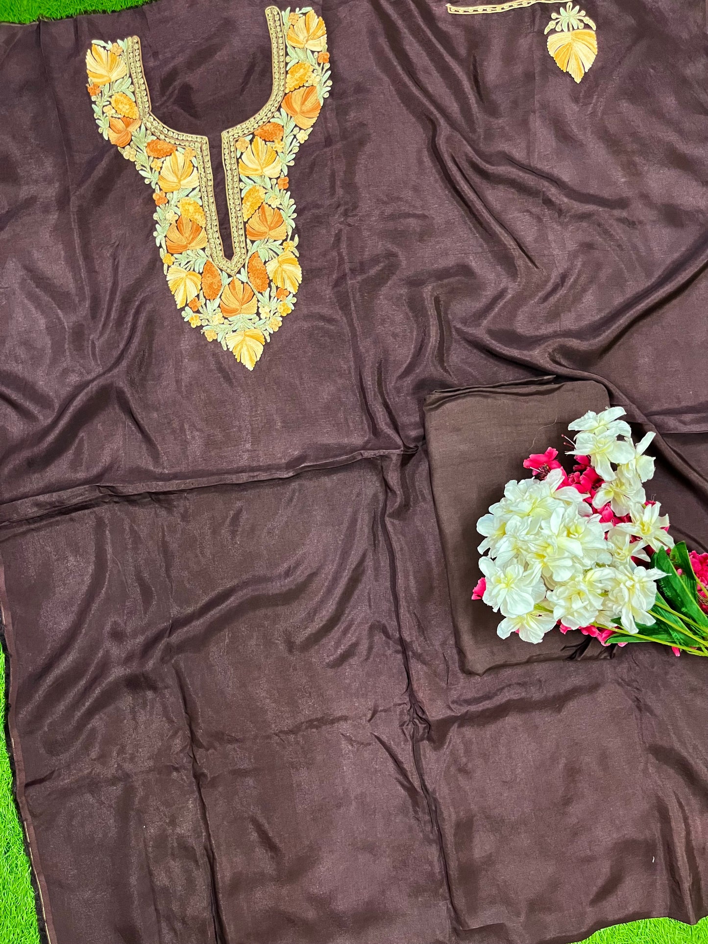 Coffee Brown Opada Silk Kashmiri Suit