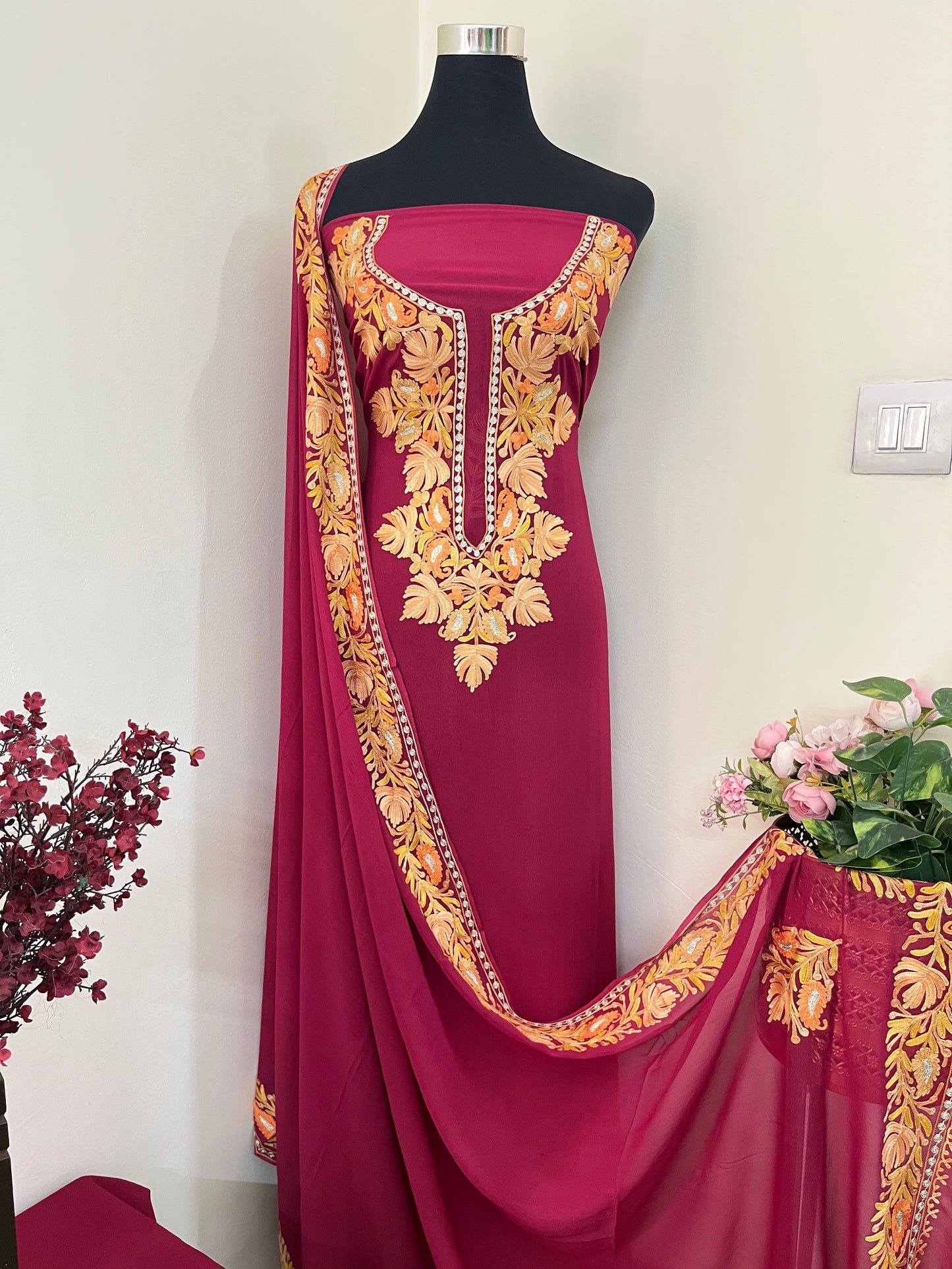 Maroon Pure Georgette Kashmiri Suit