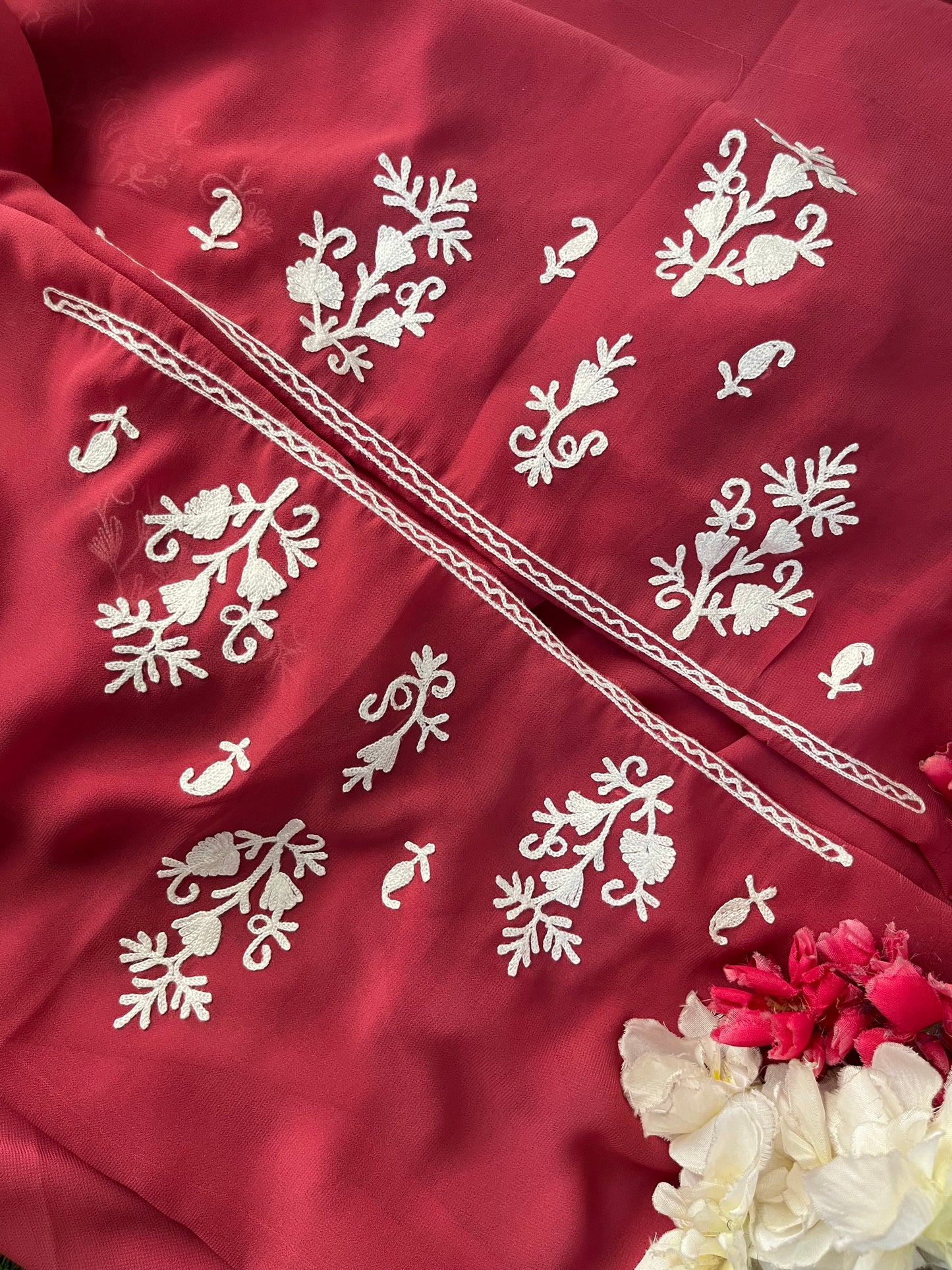 Blush Red Georgette Kashmiri Unstitched Kurta Material