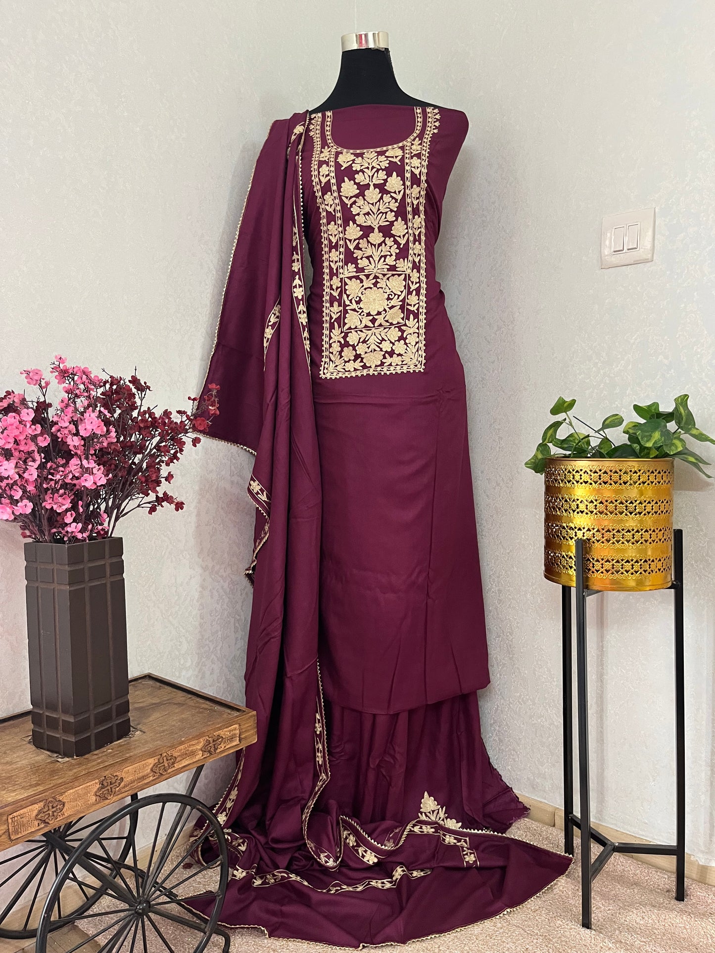Wine Silk Pashmina Kashmiri Suit