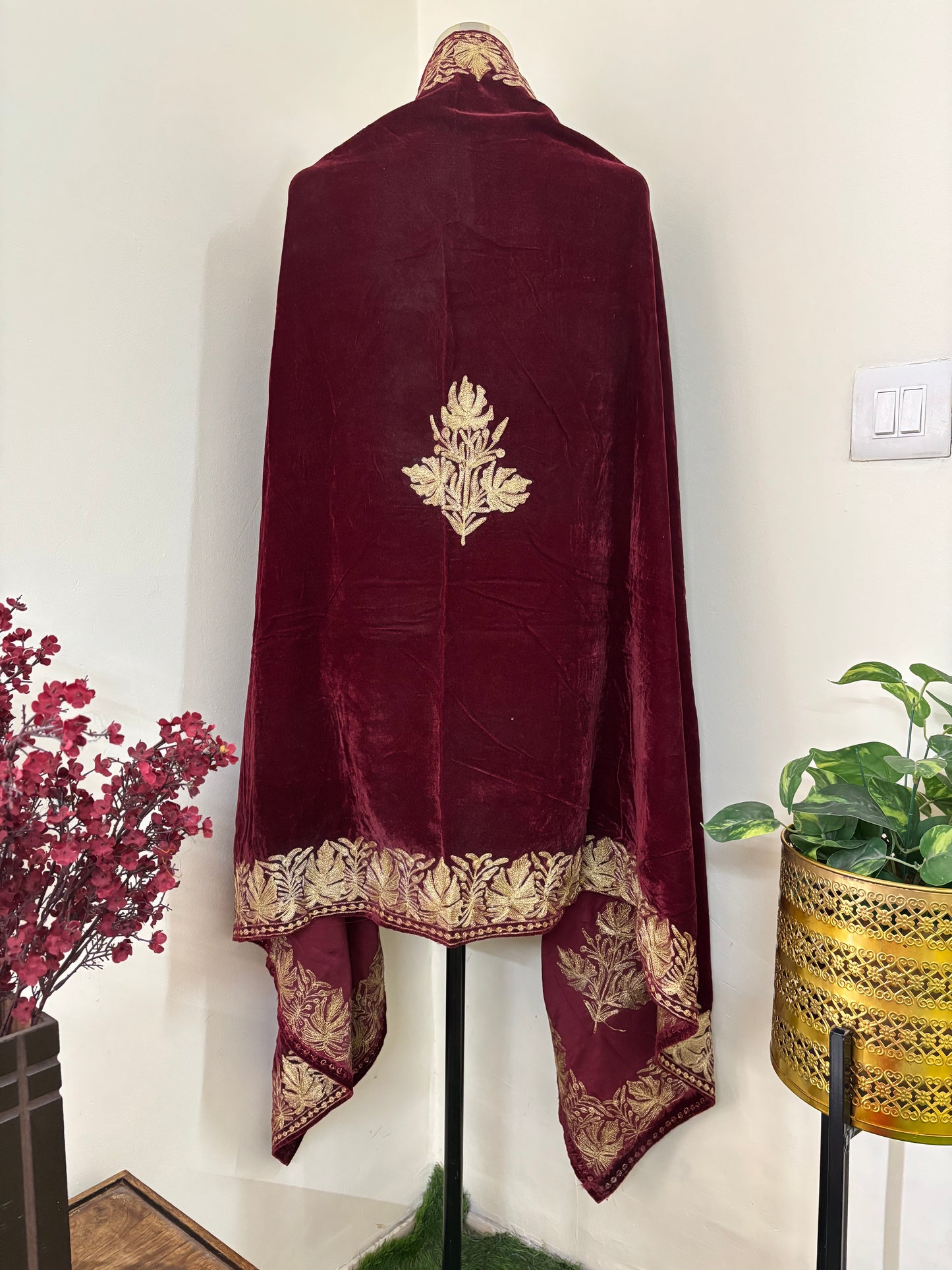 Maroon Aari Embroidered Velvet Cape