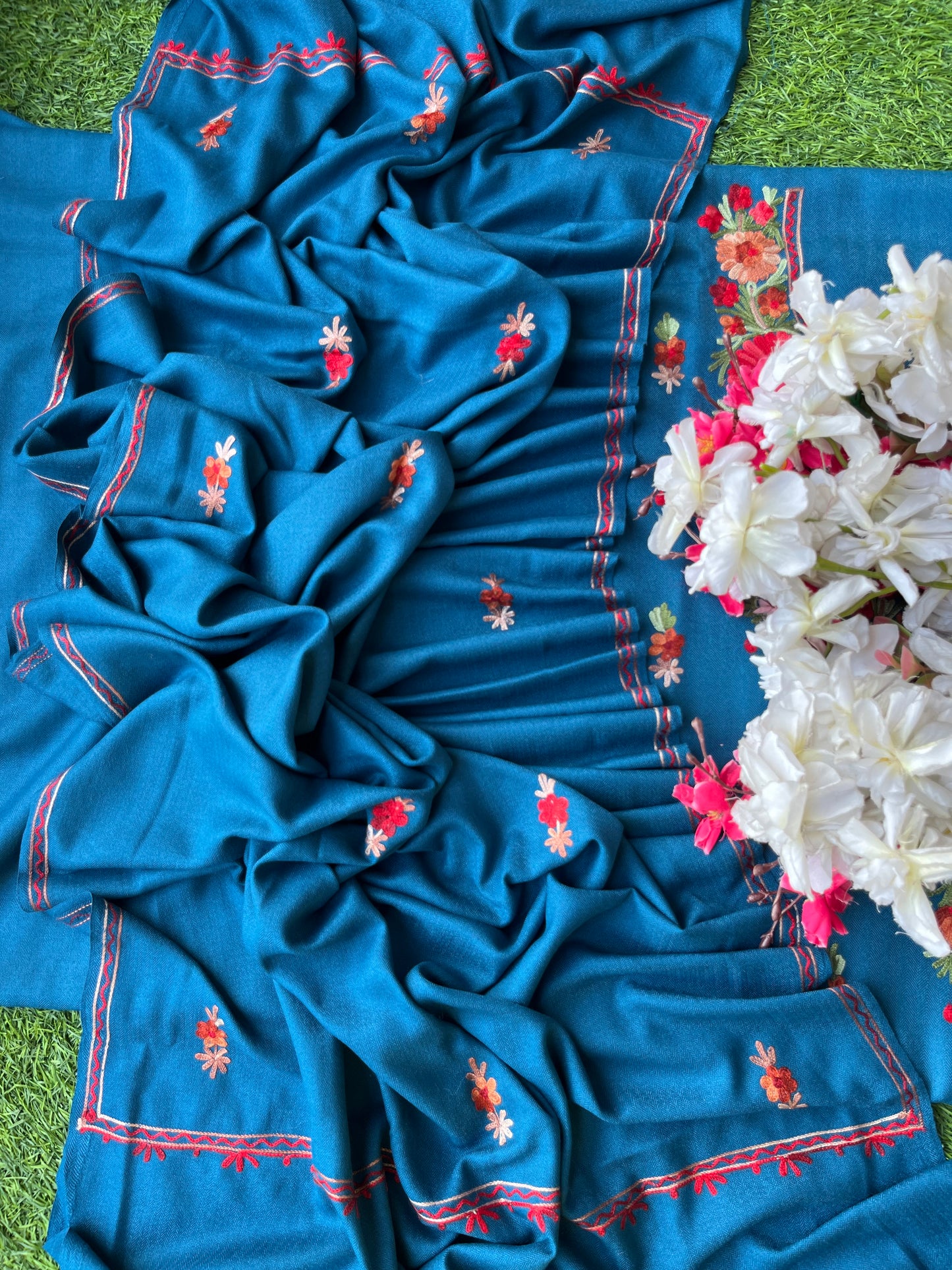 Peacock Blue Woollen Aari Embroidered 3pc suit